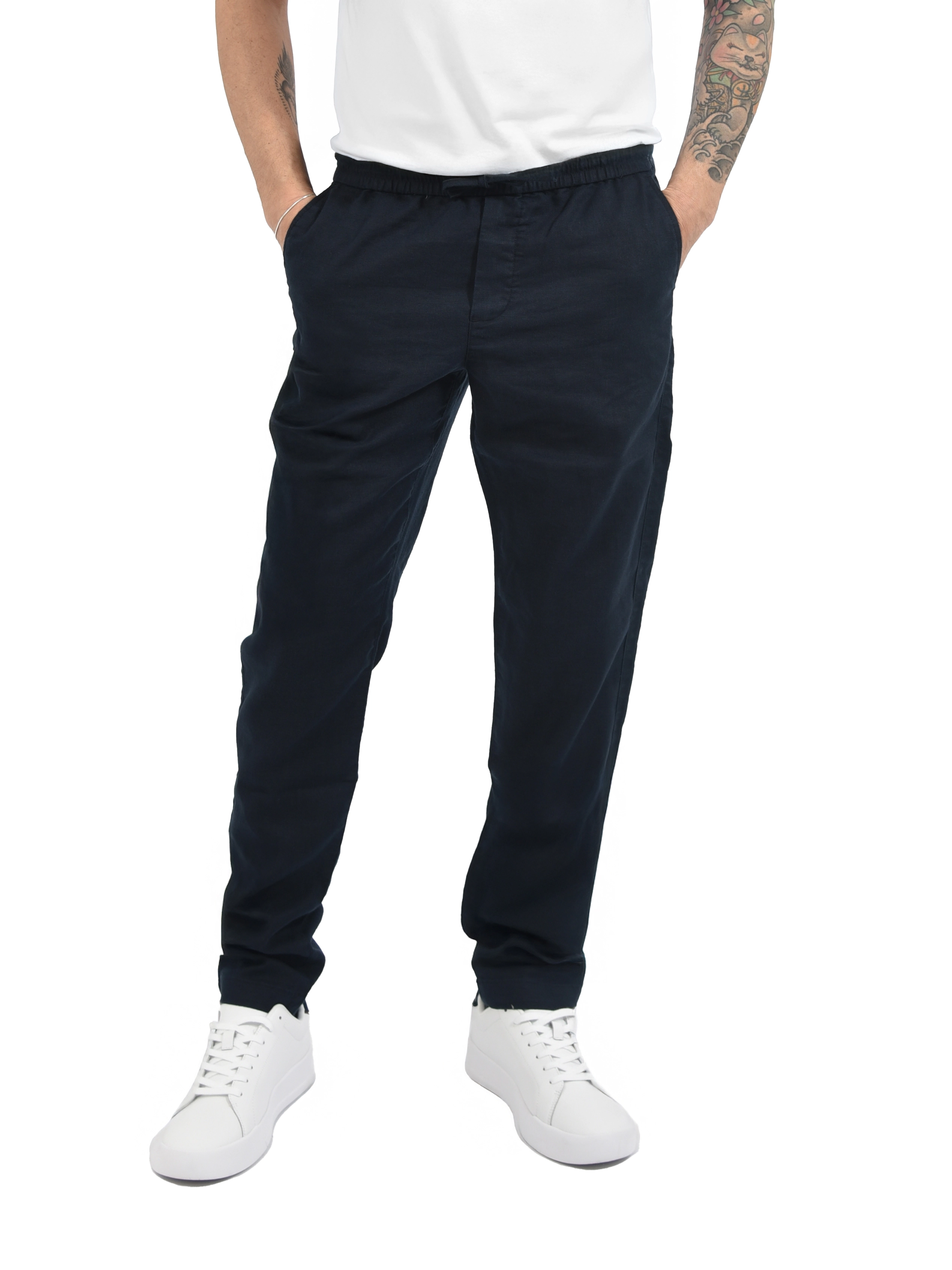 PANTALONI JOGGERS IN MISTO LINO CON  LOGO POSTERIORE UOMO BLU