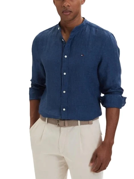 CAMICIA COREANA IN LINO CON DETTAGLIO RICAMATO UOMO BLU