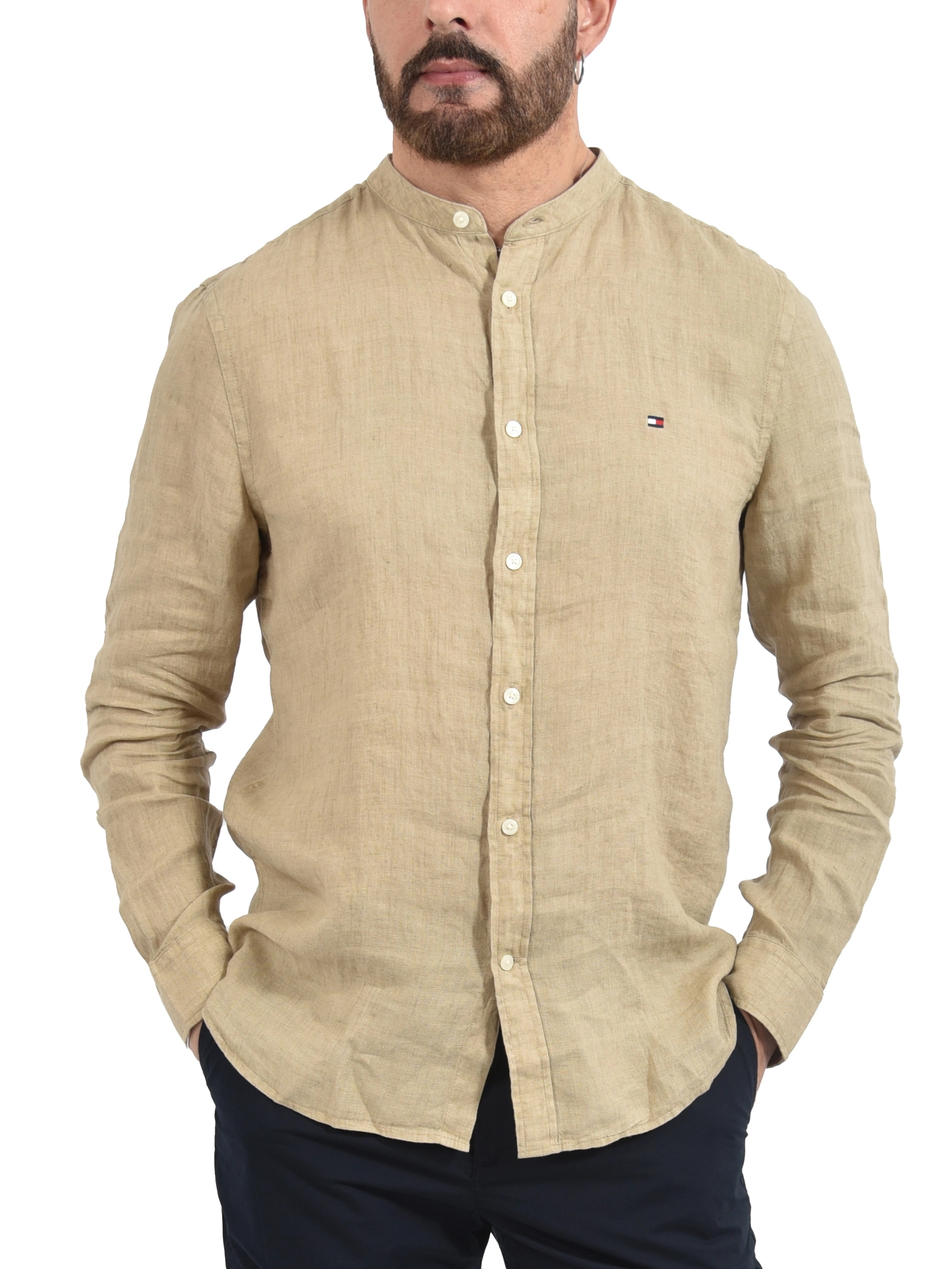 CAMICIA COREANA IN LINO CON DETTAGLIO RICAMATO UOMO BEIGE
