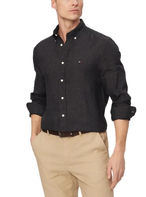 CAMICIA CASUAL IN PURO LINO CON DETTAGLIO RICAMATO UOMO NERO