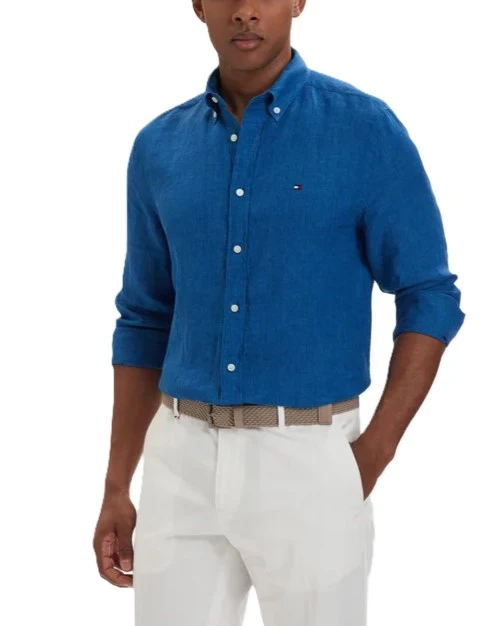 CAMICIA CASUAL IN PURO LINO CON DETTAGLIO RICAMATO UOMO  BLU CHIARO