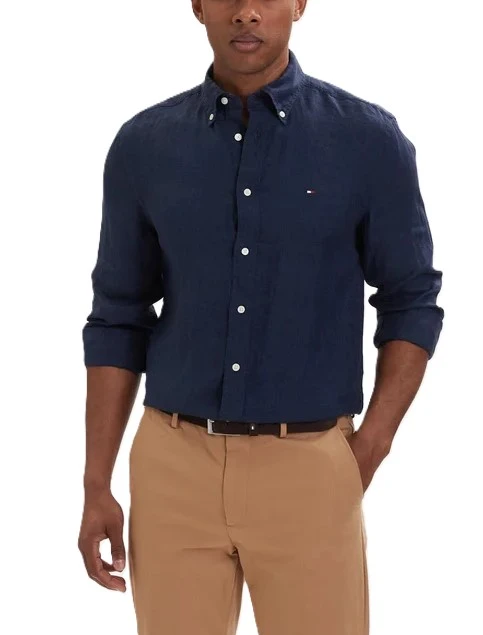 CAMICIA CASUAL IN PURO LINO CON DETTAGLIO RICAMATO UOMO  BLU SCURO
