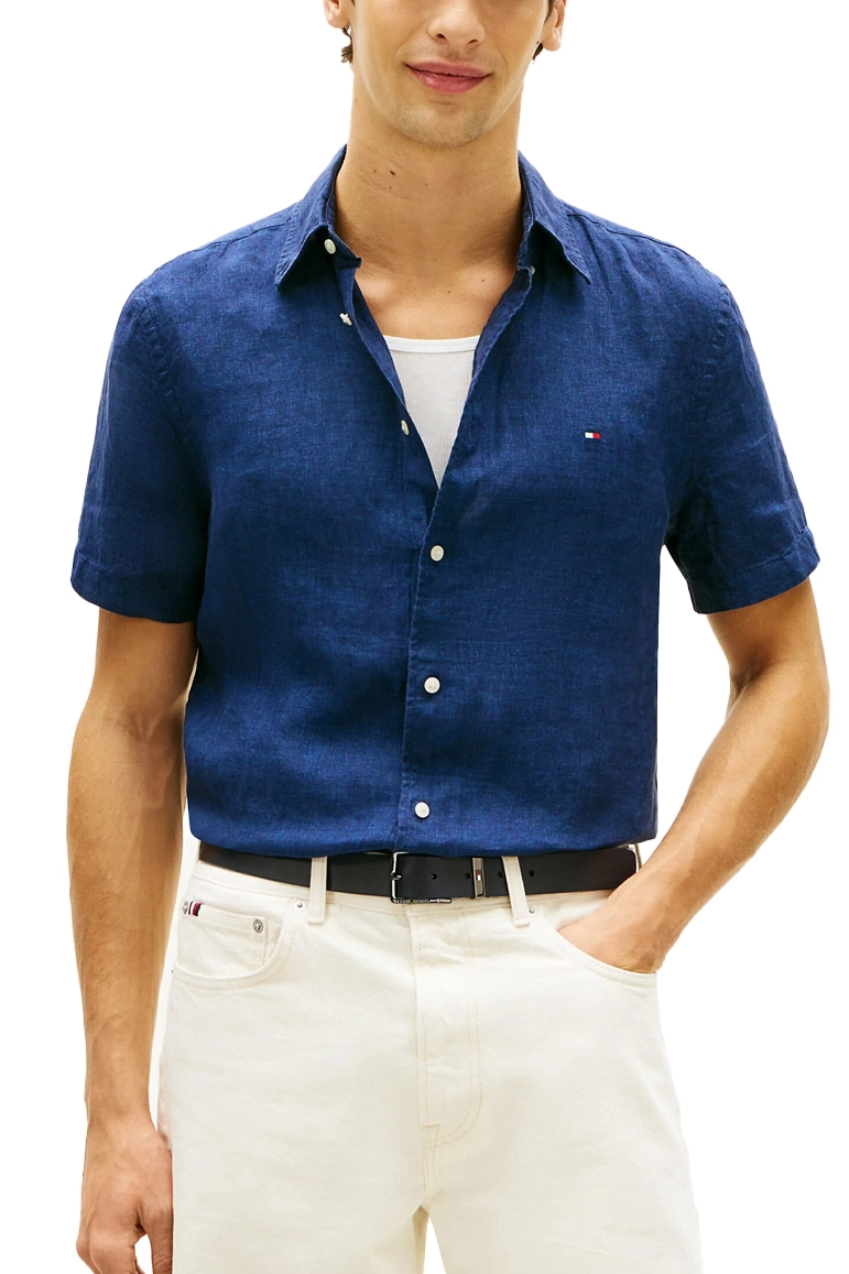 CAMICIA MANICA CORTA IN PURO LINO CON LOGO RICAMATO UOMO BLU