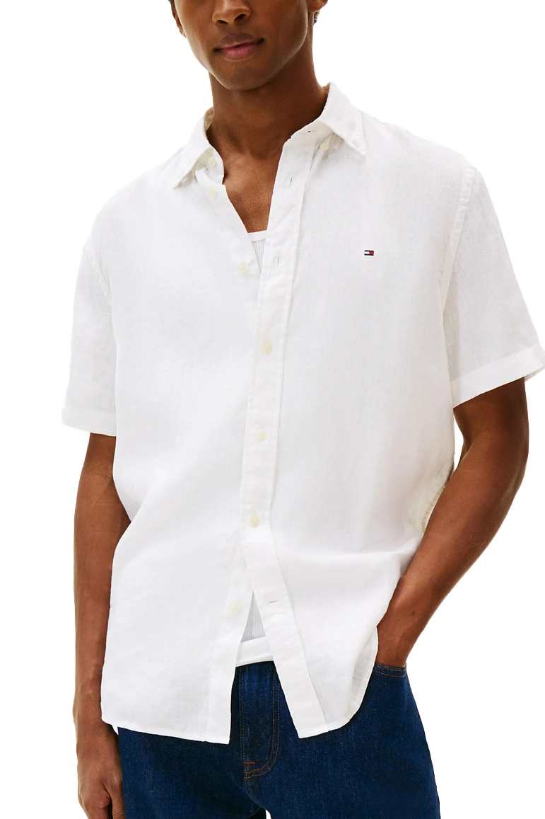 CAMICIA MANICA CORTA IN PURO LINO CON LOGO RICAMATO UOMO BIANCO