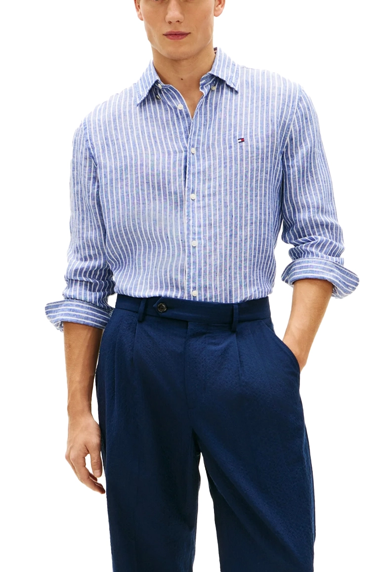CAMICIA CASUAL IN MISTO LINO E COTONE CON MOTIVO A RIGHE UOMO BLU