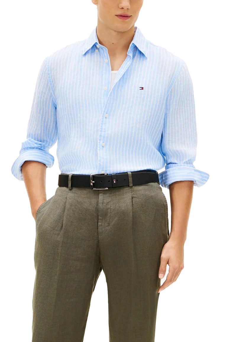 CAMICIA CASUAL IN MISTO LINO E COTONE CON MOTIVO A RIGHE UOMO AZZURRO