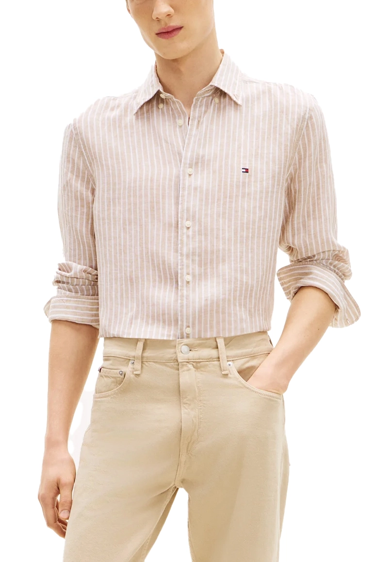 CAMICIA CASUAL IN MISTO LINO E COTONE CON MOTIVO A RIGHE UOMO BEIGE