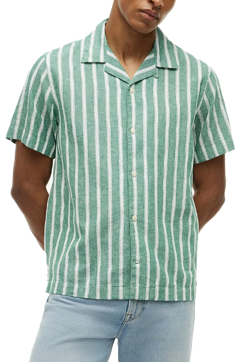 CAMICIA MANICA CORTA IN MISTO LINO E COTONE CON MOTIVO A RIGHE UOMO VERDE