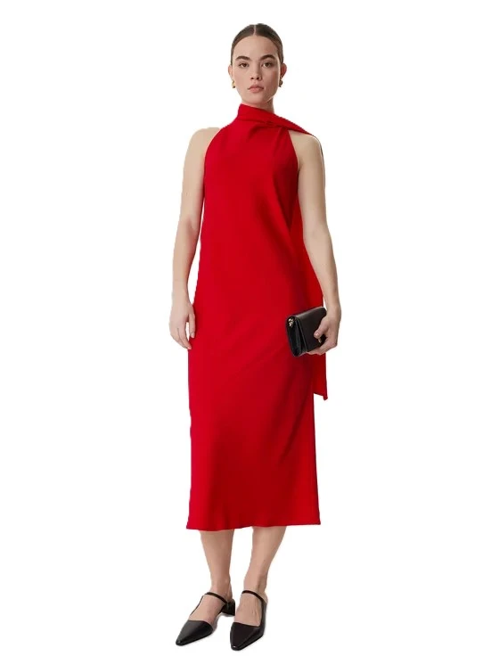 VESTITO LUNGO IN CREPE CON SCIARPA DONNA ROSSO