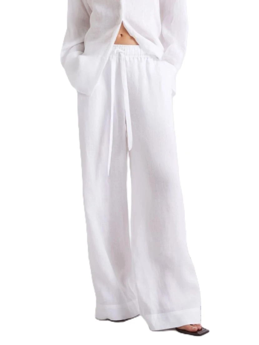 PANTALONI PALAZZO IN PURO LINO CON ELASTICO IN VITA CON COULISSE DONNA  BIANCO