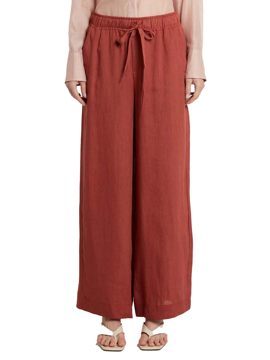 PANTALONI PALAZZO IN PURO LINO CON ELASTICO IN VITA CON COULISSE DONNA ROSSO