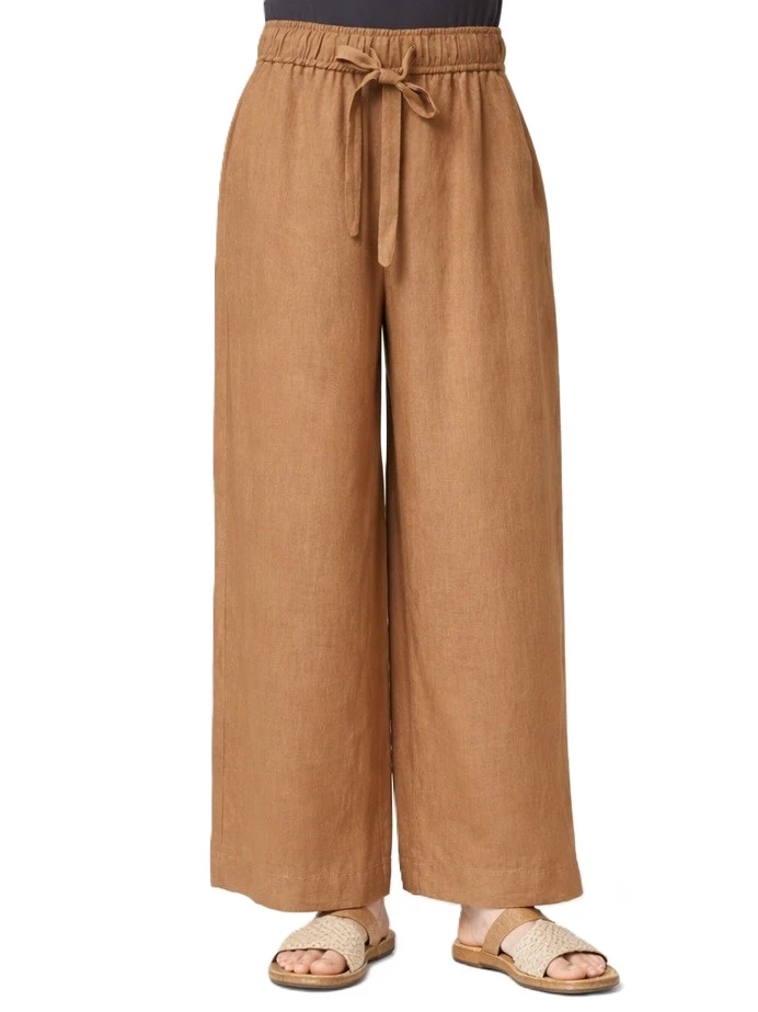 PANTALONI PALAZZO IN PURO LINO CON ELASTICO IN VITA CON COULISSE DONNA MARRONE