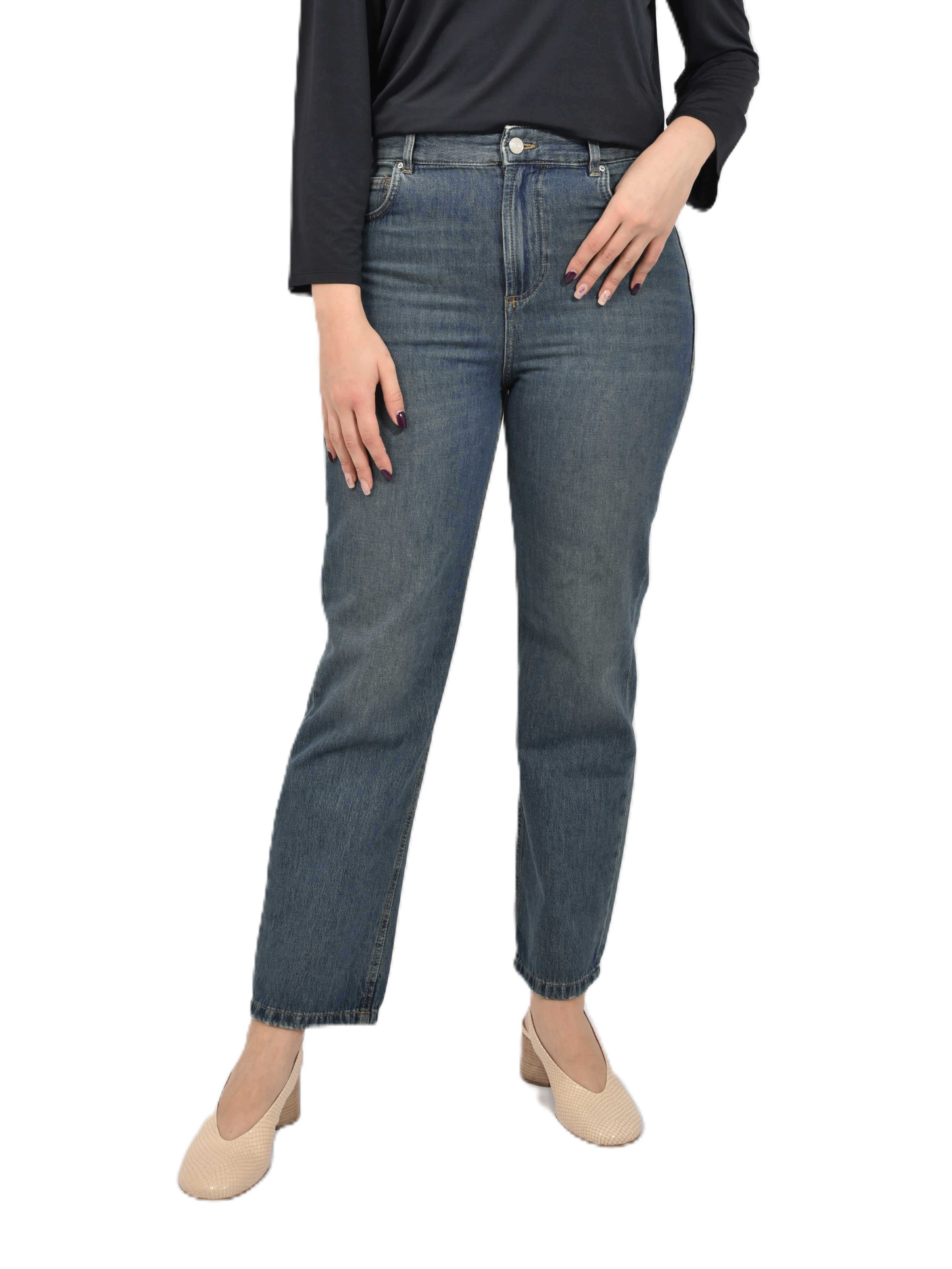 JEANS REGULAR 5 TASCHE CON BOTTONE PERSOLIZZATO ED ETICHETTA IN PELLE DONNA BLU