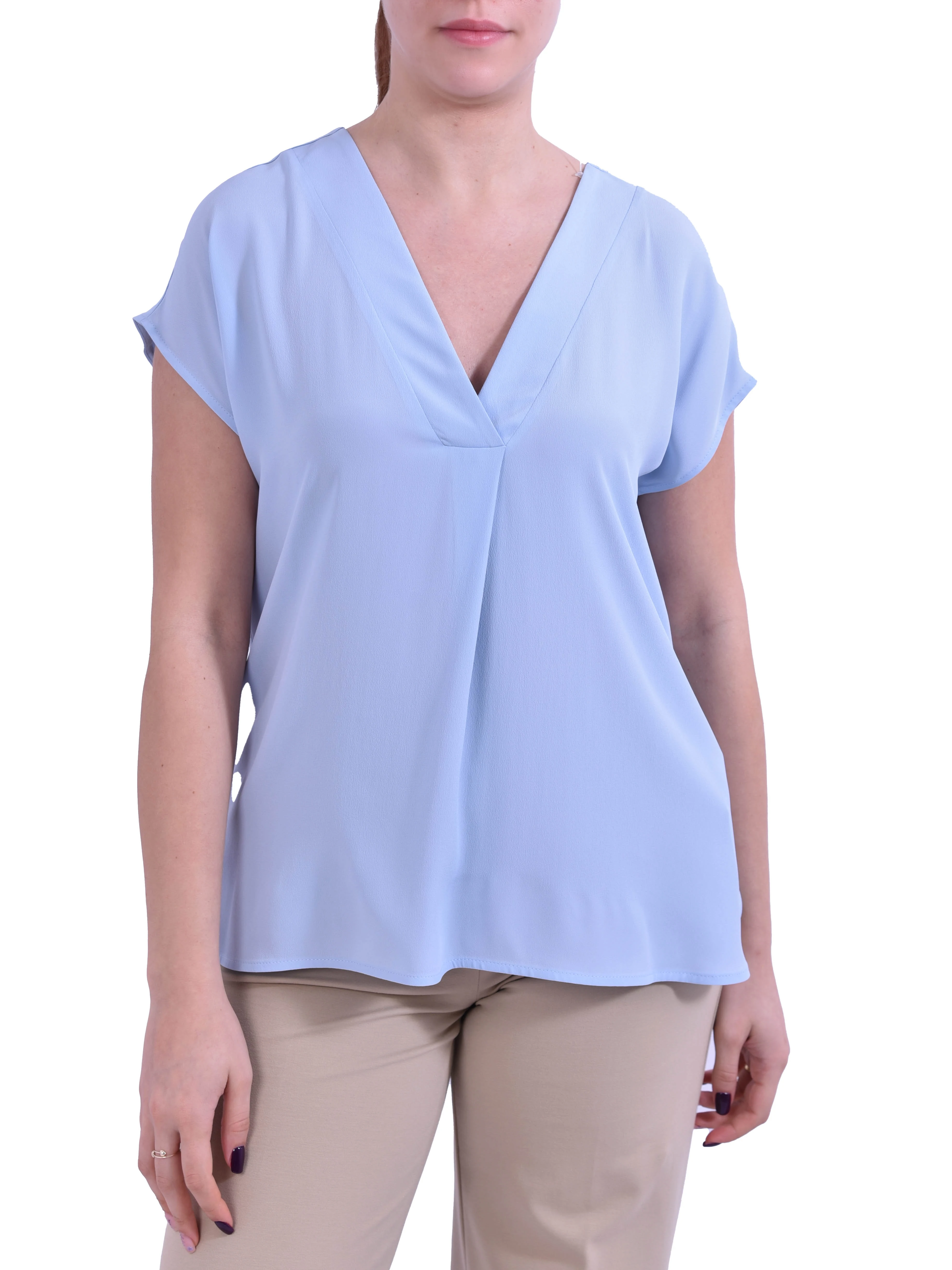BLUSA SMANICATA CON SCOLLO A V E PIEGA CENTRALE DONNA AZZURRO
