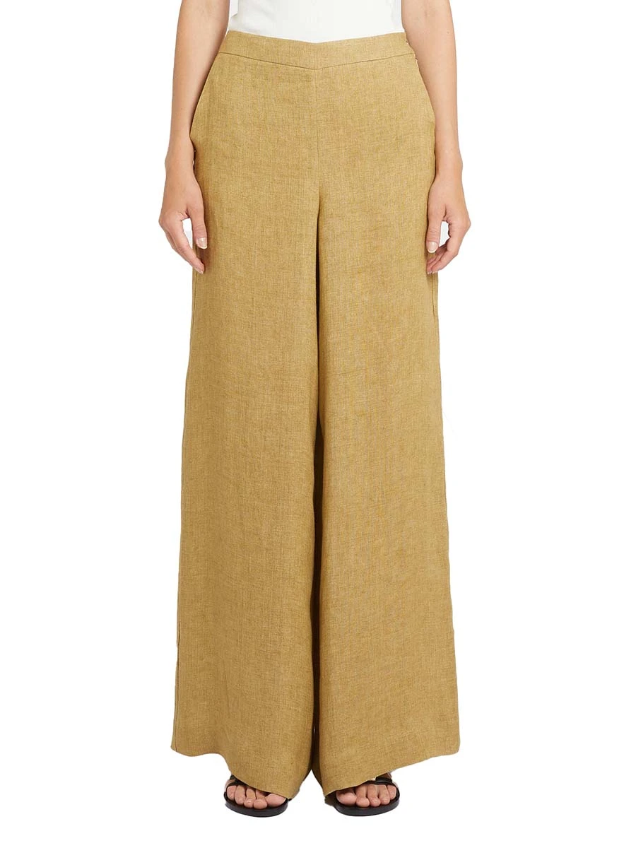 PANTALONI PALAZZO IN LINO CON ZIP LATERALE DONNA MARRONE