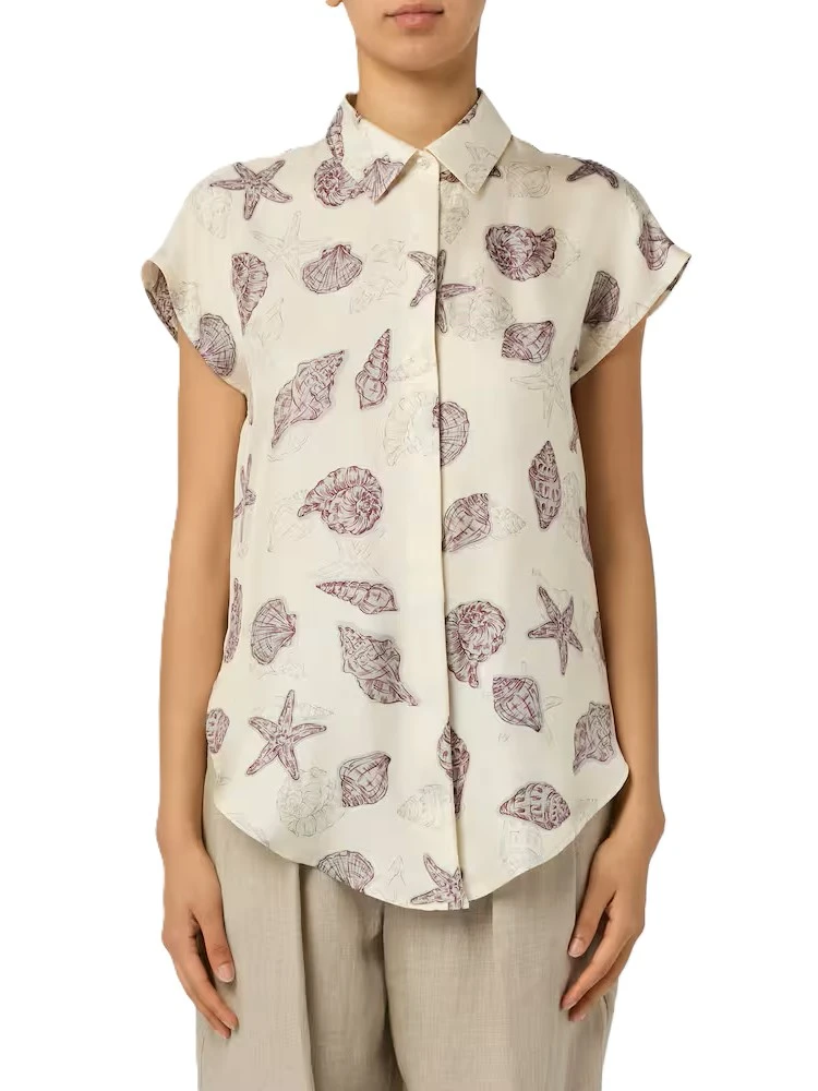 CAMICIA SMANICATA IN PURA SETA CON FONDO STONDATO ANNODABILE DONNA BEIGE