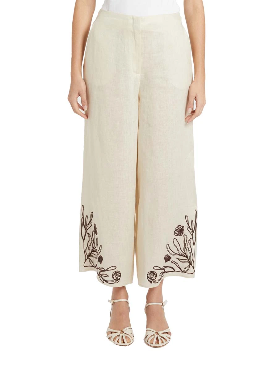 PANTALONI PALAZZO CON FANTASIA RICAMATA DONNA BIANCO
