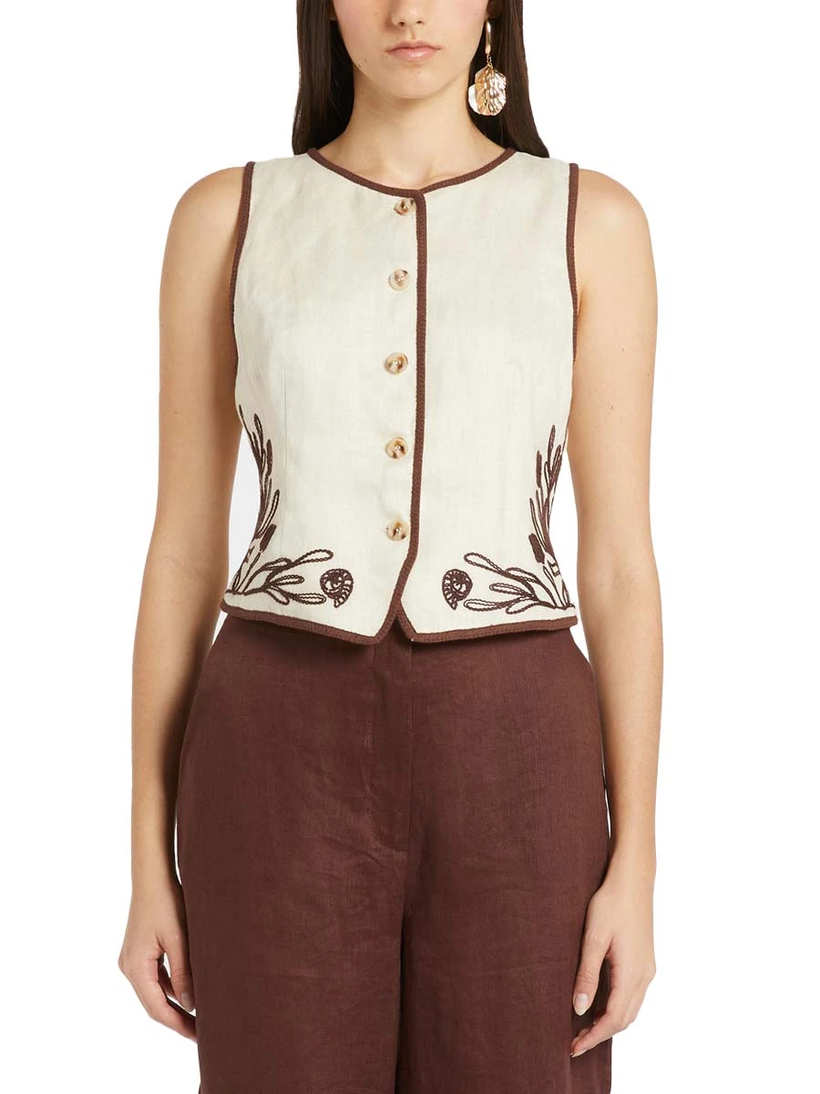 GILET IN LINO CON RICAMI DONNA BIANCO