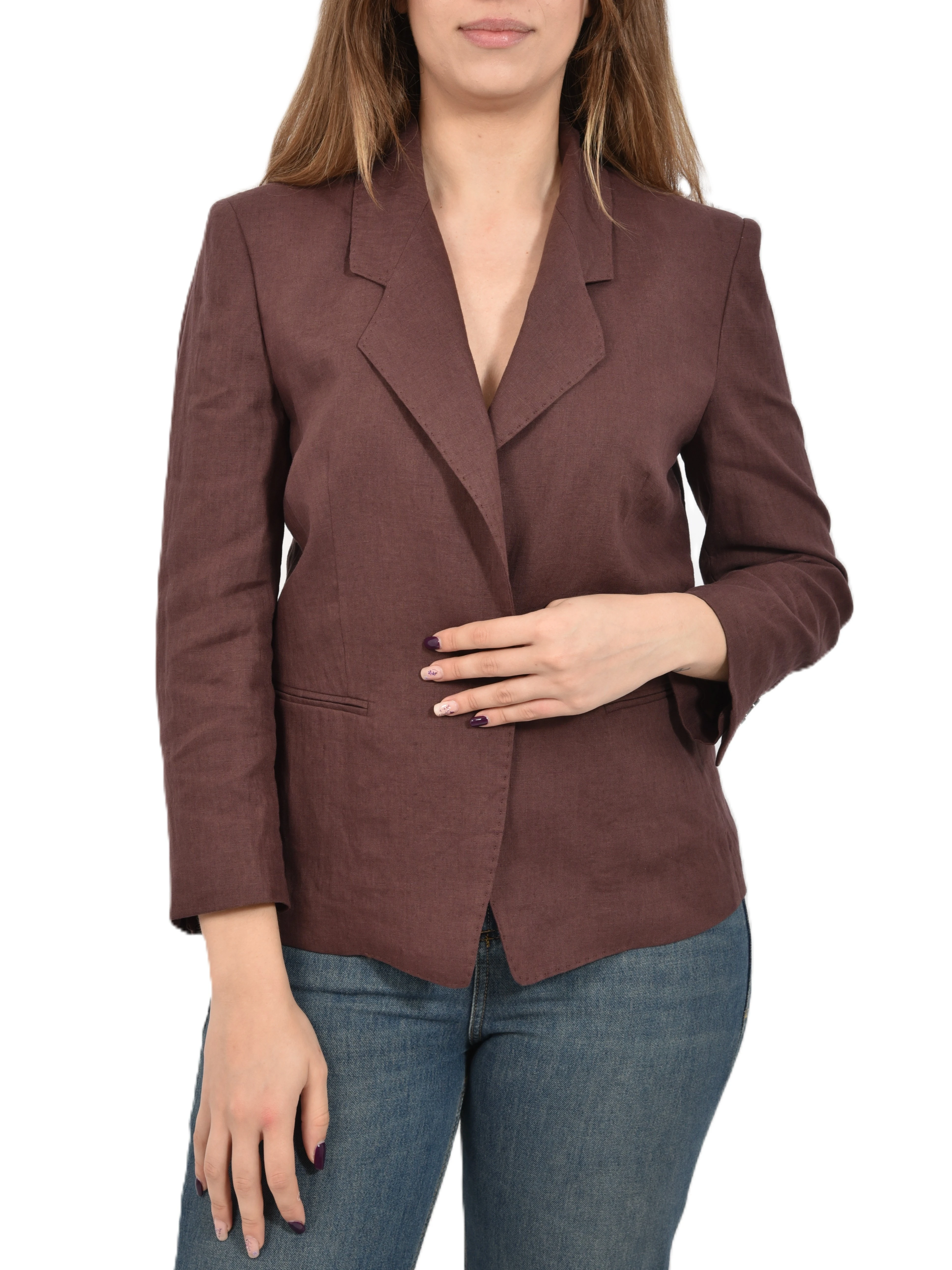BLAZER MONOPETTO IN LINOMCON IMPUNTURE A VISTA DONNA MARRONE