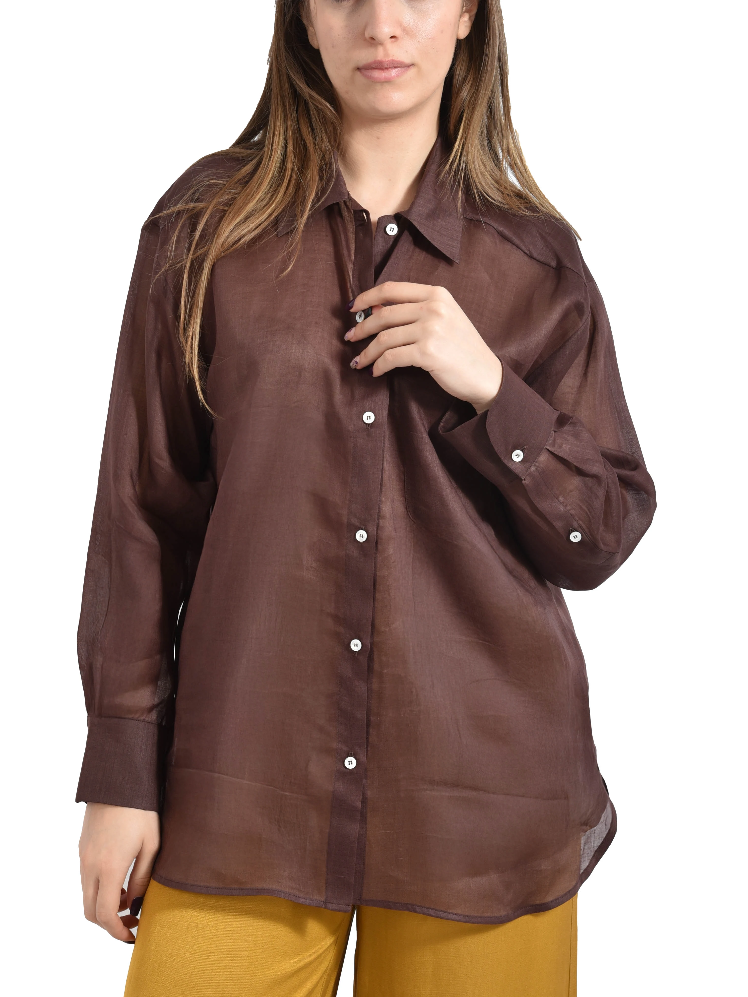 CAMICIA CON TASCHINO APPLICATO SUL PETTO DONNA  MARRONE