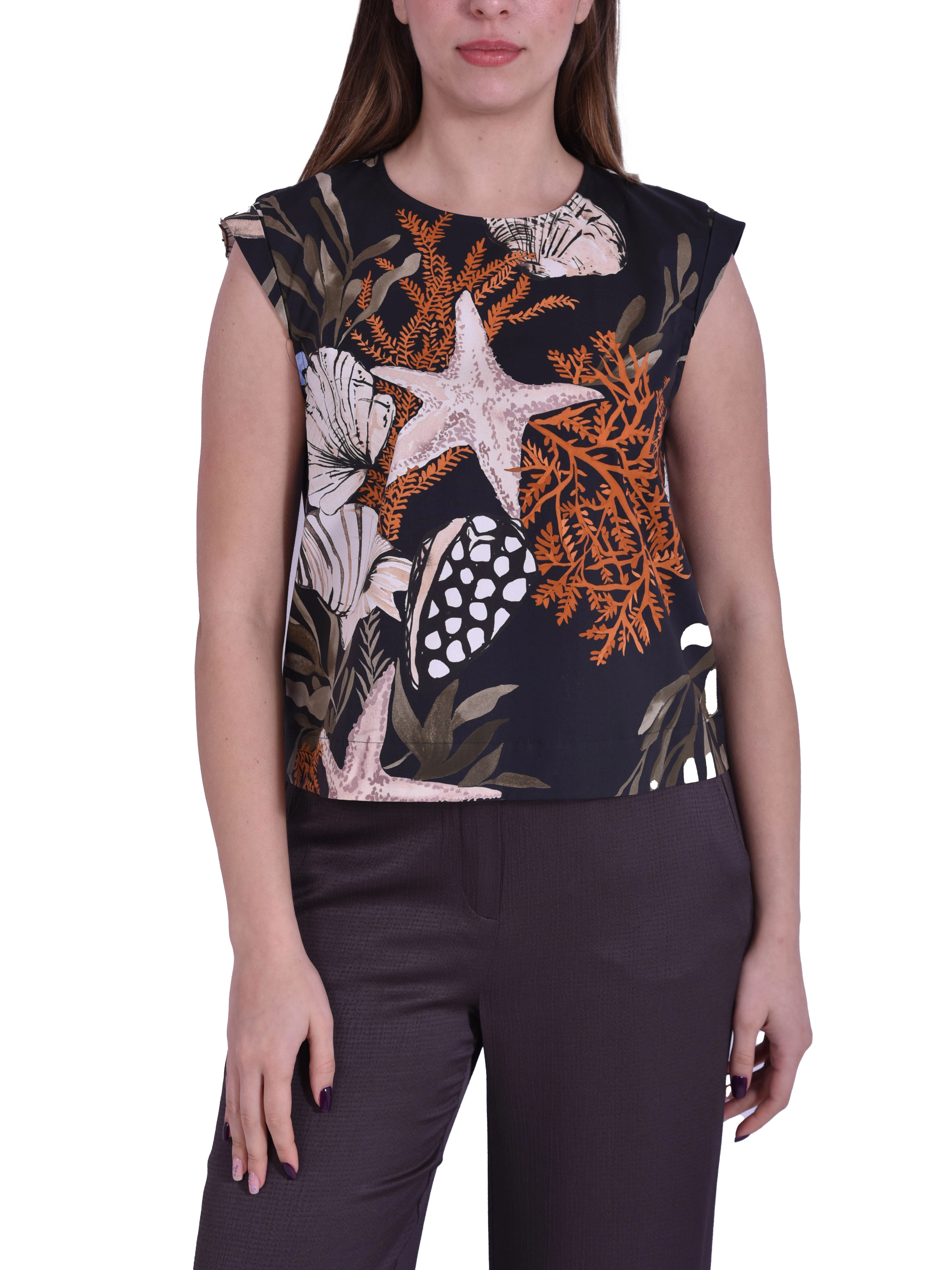 T-SHIRT MANICA CORTA CON STAMPA FANTASIA E APERTURA A GOCCIA SUL RETRO DONNA NERO