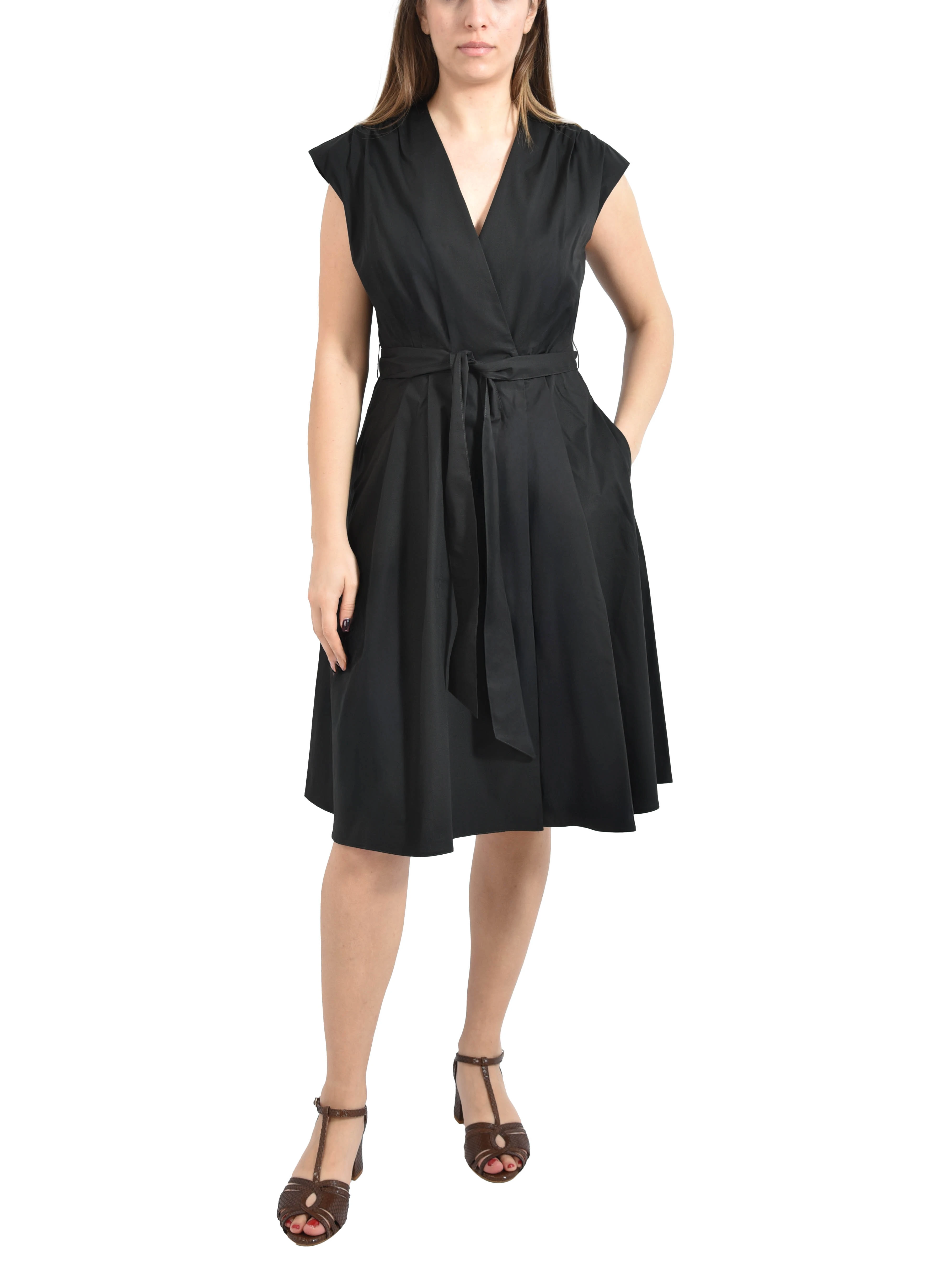 VESTITO CORTO IN PURO COTONE CON SCOLLO A V E INCROCIO DONNA NERO