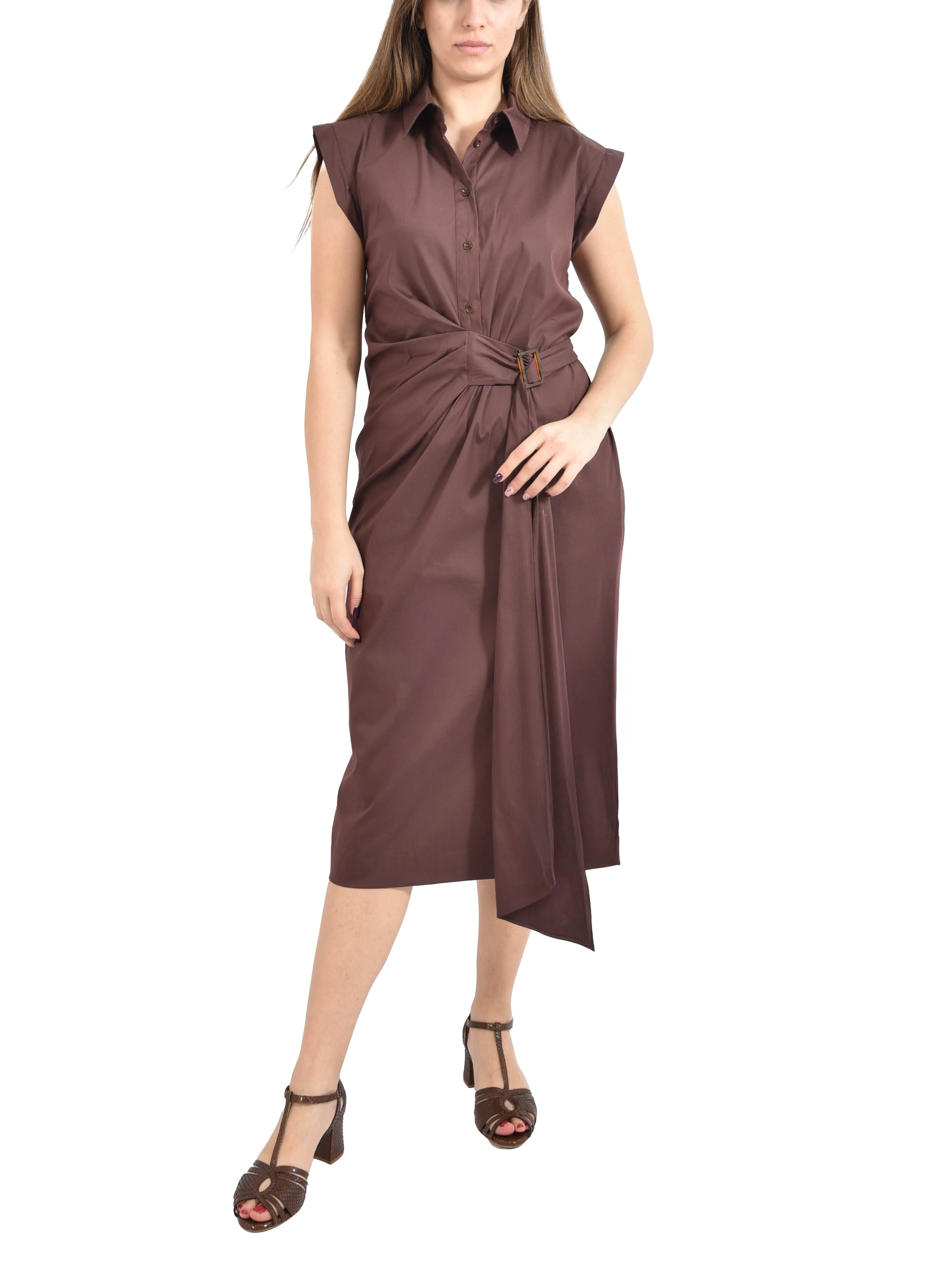 VESTITO LUNGO CON DRAPPEGGIO IN VITA  DONNA MARRONE