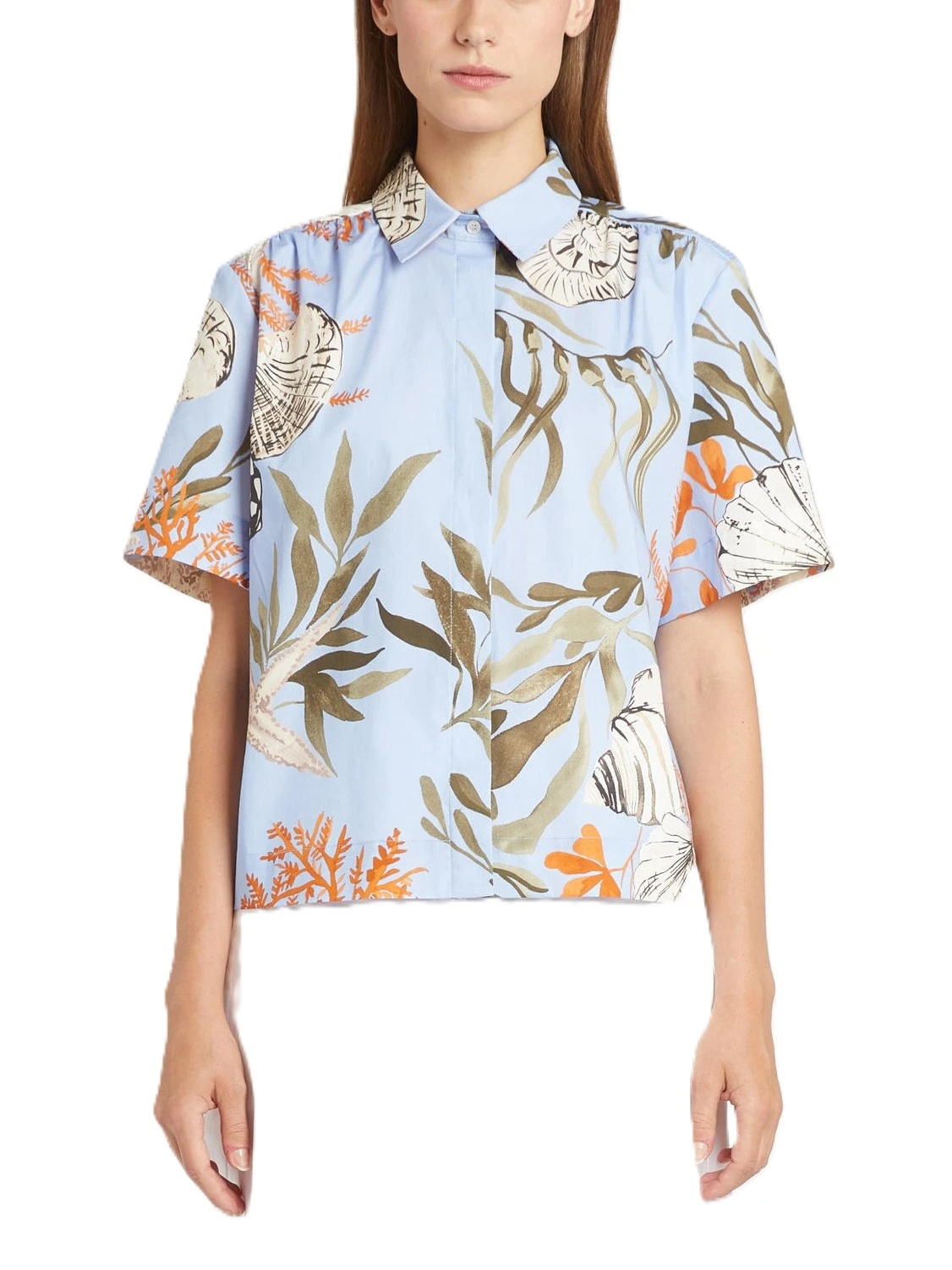 CAMICIA IN POPELINE DI COTONE  CON ARRICCI E STAMPA DONNA AZZURRO