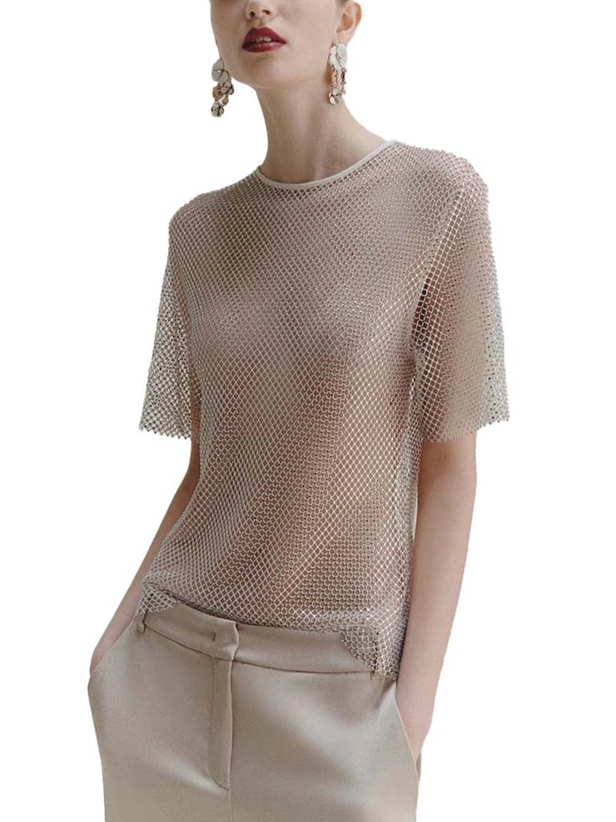 T-SHIRT MANICA CORTA IN RETE CON STRASS DONNA BIANCO