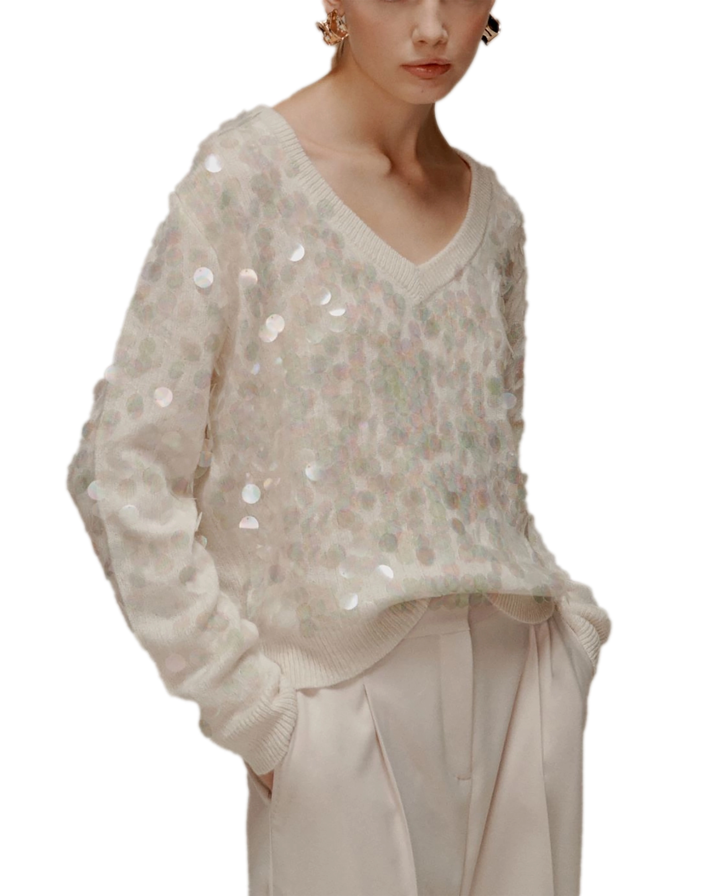 MAGLIA CON SCOLLO A V CON MAXI PAILLETTE DONNA AVORIO