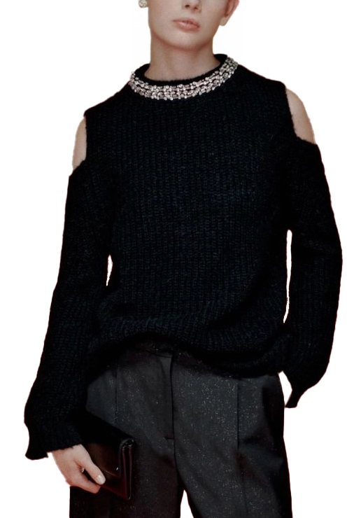 MAGLIA GIROCOLLO CON SPALLE APERTE E APPLICAZIONI GIOIELLO DONNA NERO