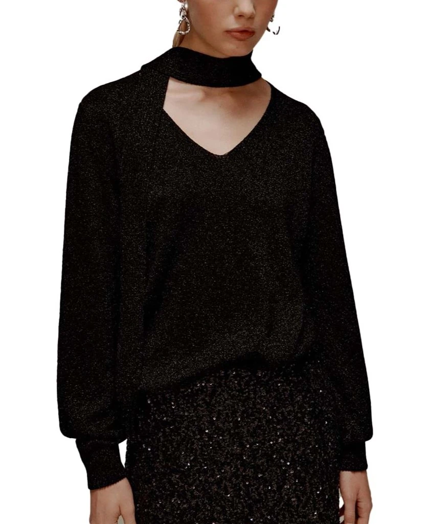 MAGLIA CON SCOLLO A V IN LUREX CON FUSCIACCA DONNA NERO