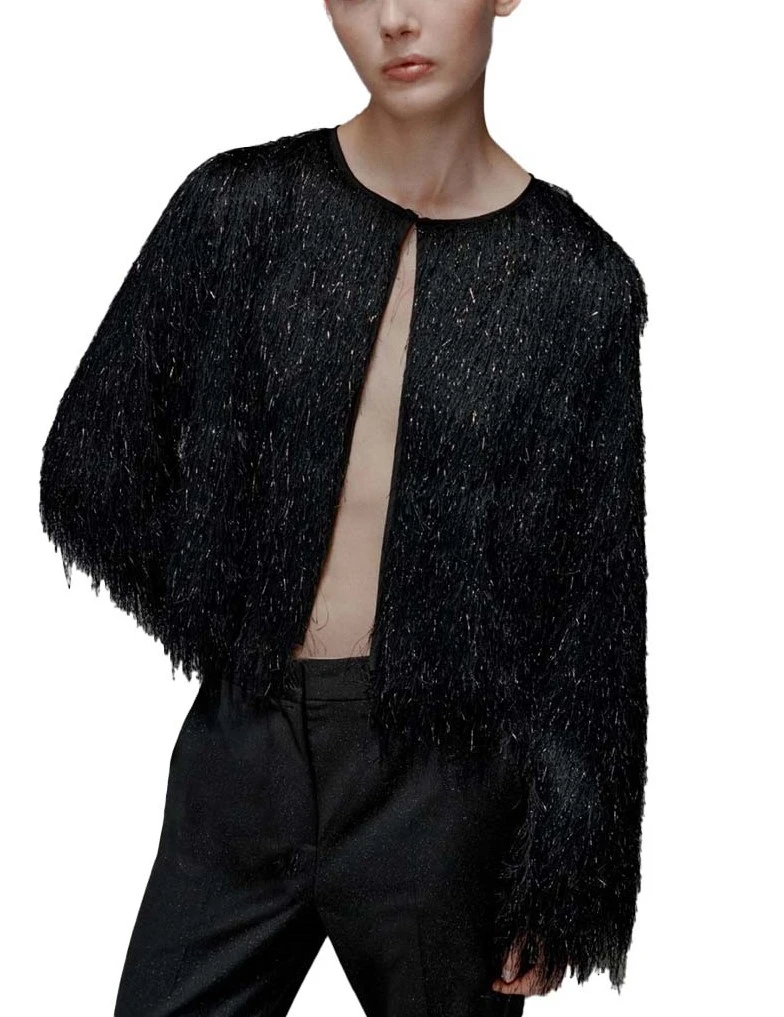 CARDIGAN CON LAVORAZIONE A FRANGE E CHIUSURA A GANCIO DONNA NERO