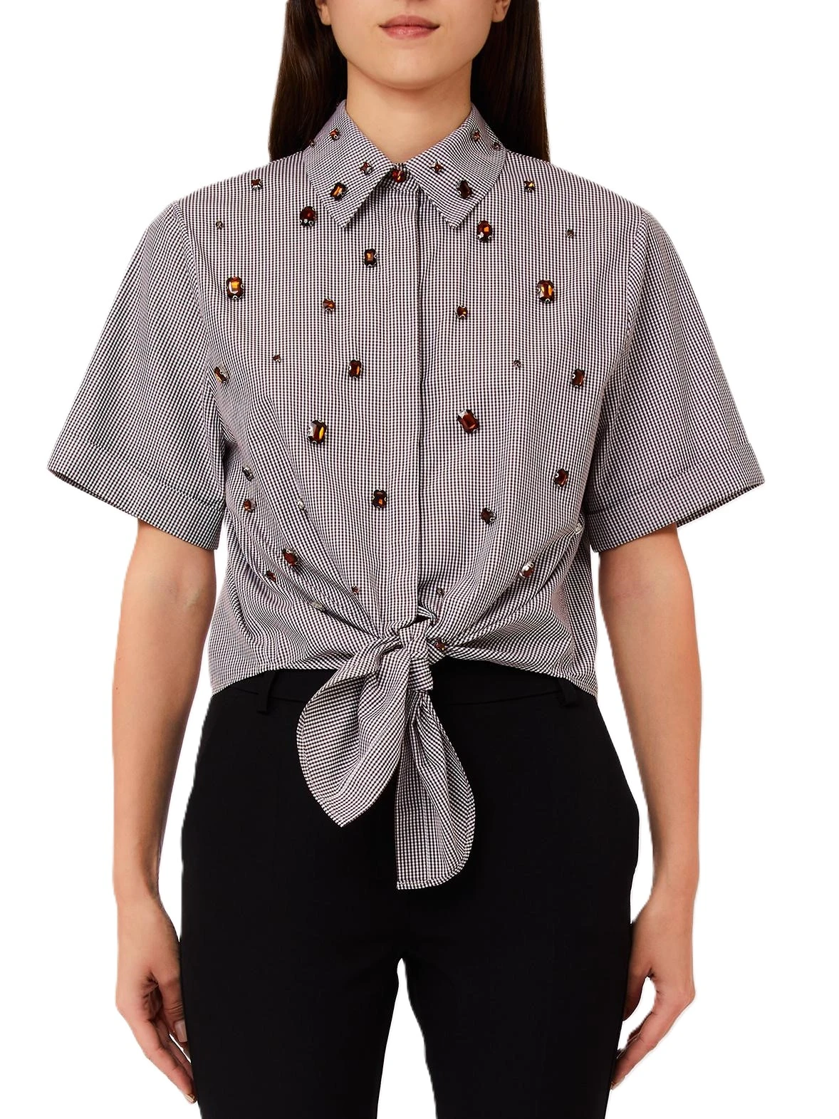 CAMICIA MANICA CORTA CON DETTAGLI GIOIELLO DONNA MARRONE