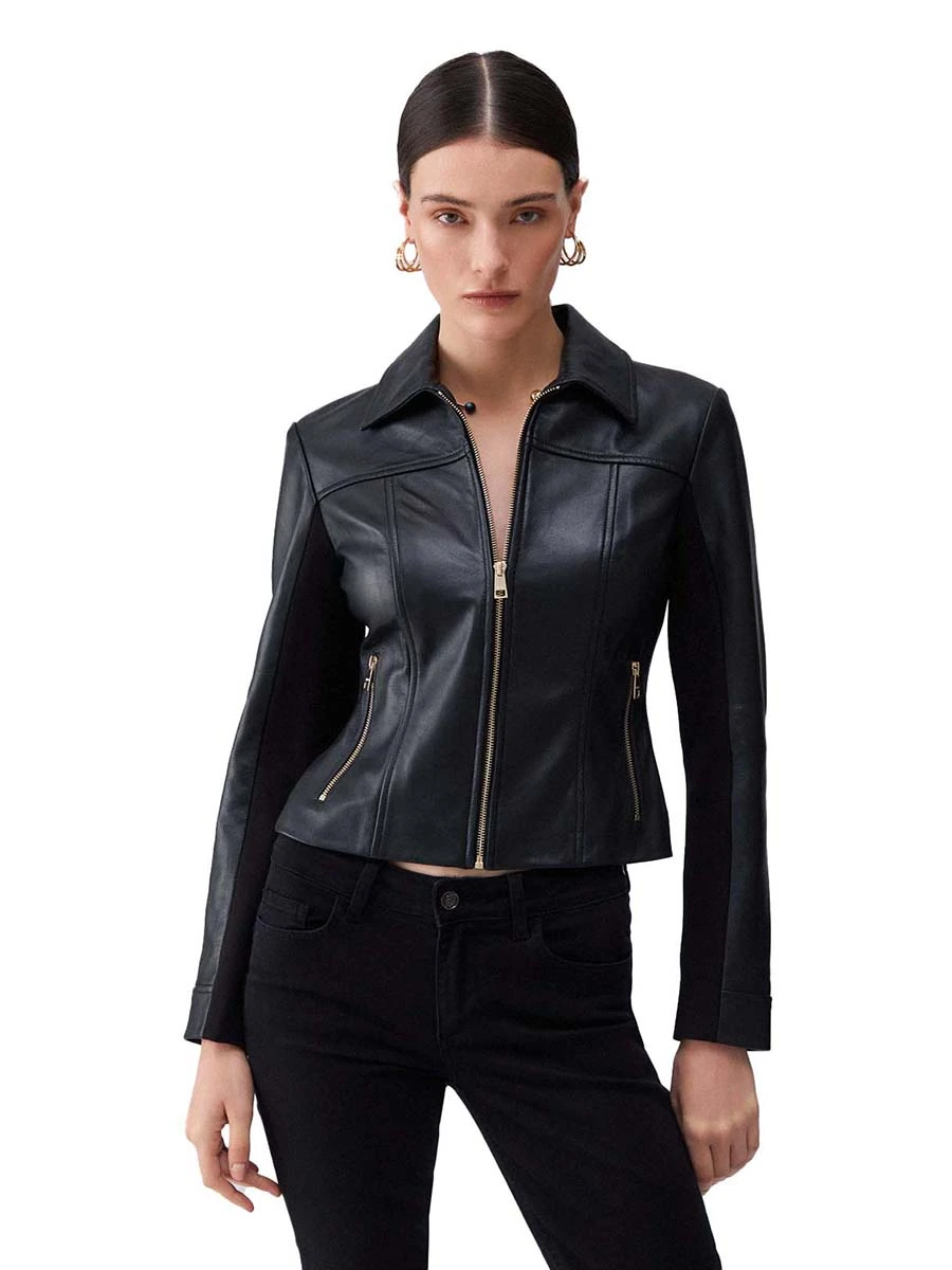 Giacca da donna in pelle stile biker cognac in roseto