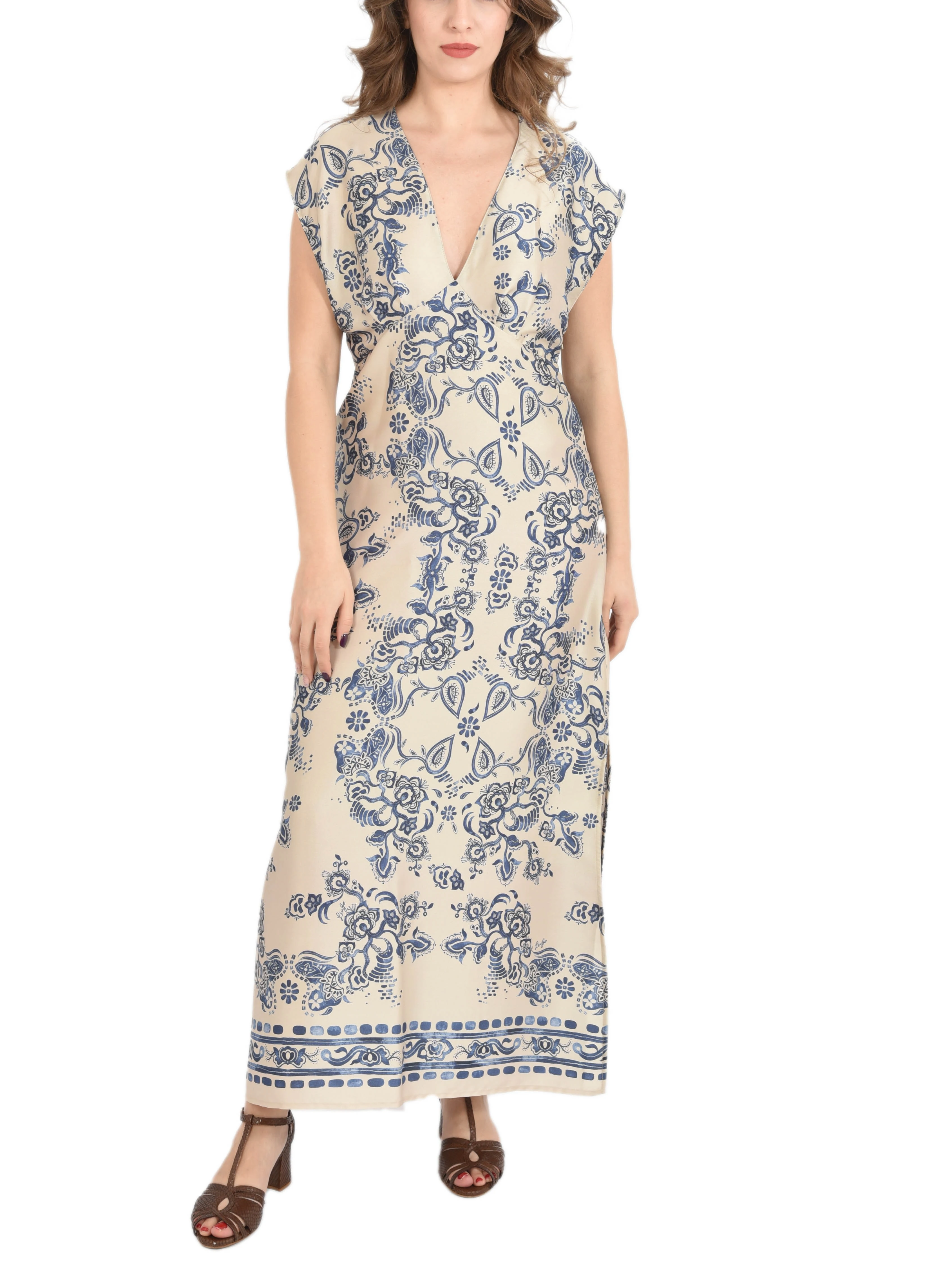 VESTITO LUNGO FANTASIA FOULARD DONNA BIANCO