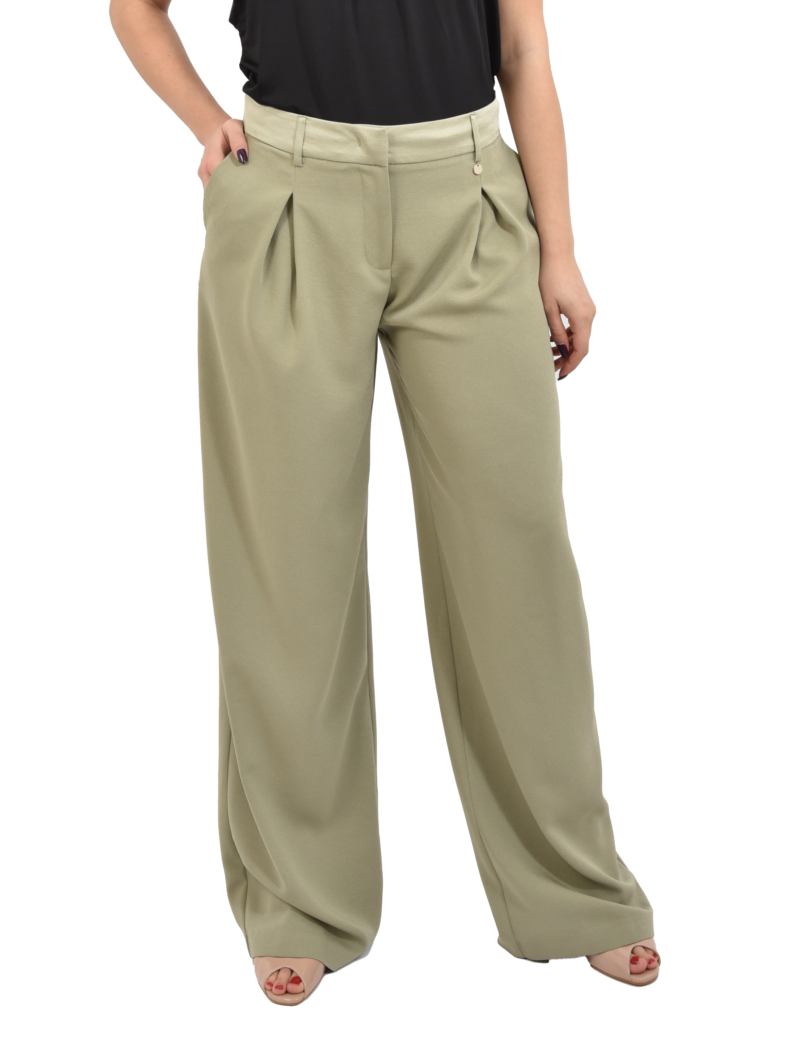 PANTALONE PALAZZO CON PINCE FRONTALI E CINTURONE TONO SU TONO DONNA VERDE