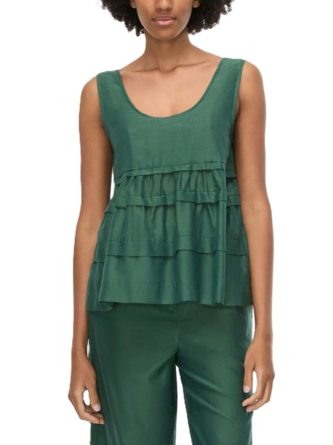 TOP IN MUSSOLA MISTO COTONE E SETA  CON BLAZE E PIEGHE DONNA VERDE