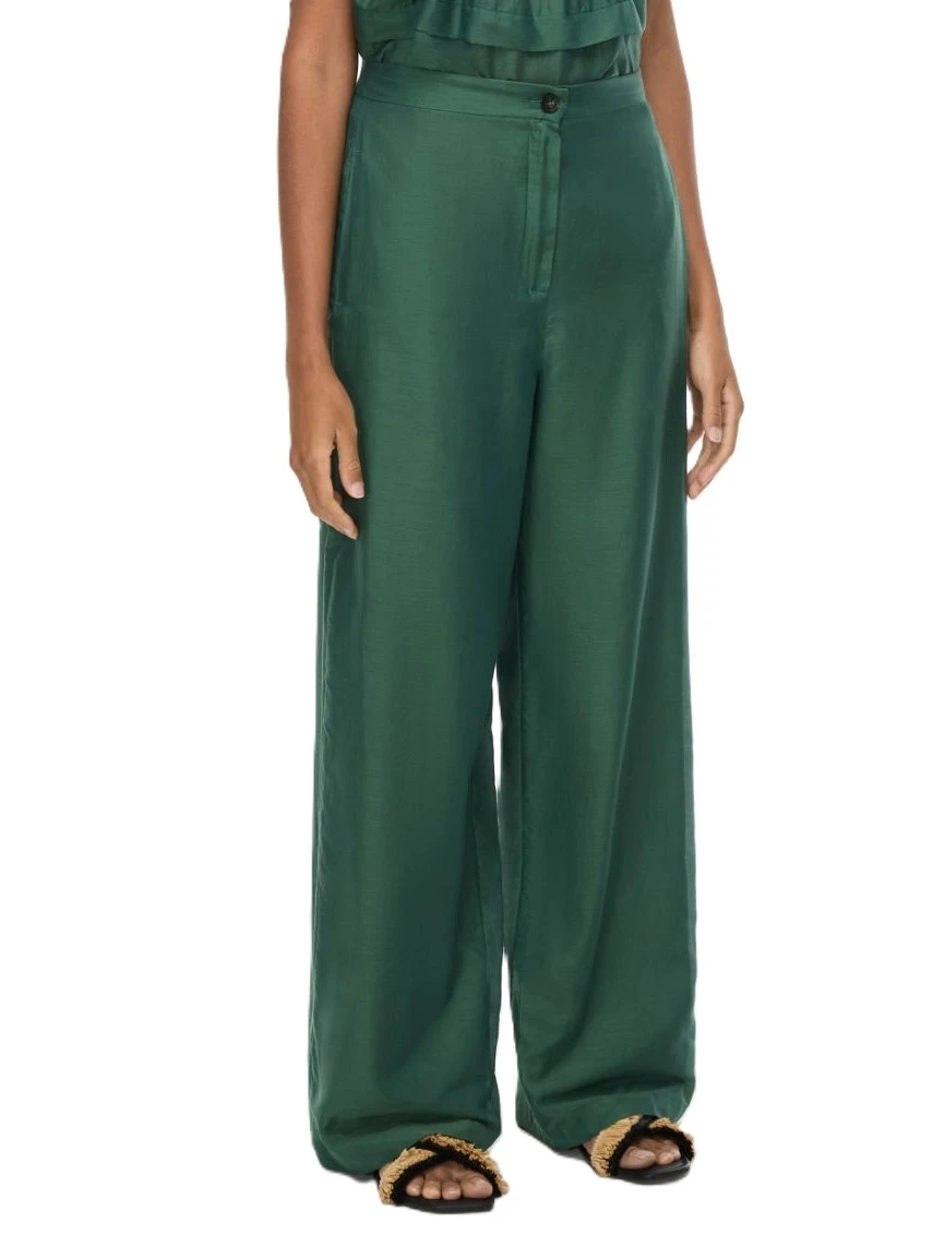 PANTALONI PALAZZO IN MUSSOLA DI COTONE CON ELASTICO IN VITA SUL RETRO DONNA VERDE