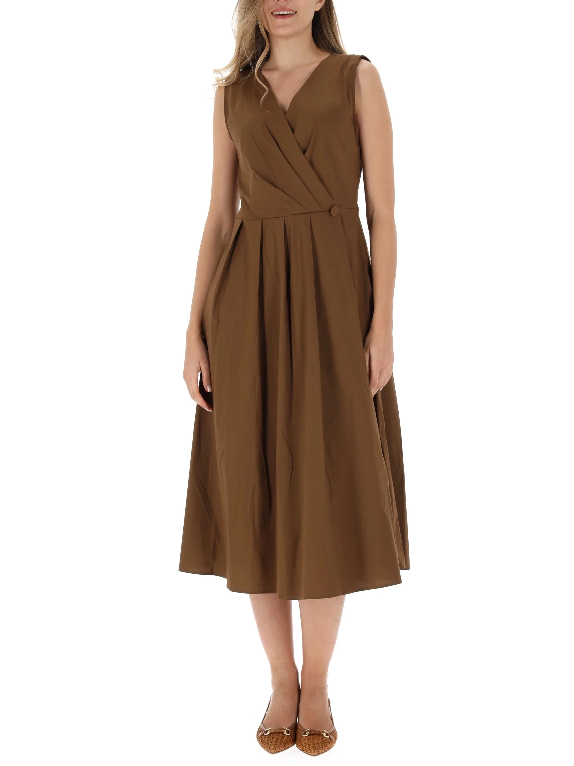 VESTITO LUNGO IN POPELINE MISTO COTONE CON GONNA A PIEGHE DONNA MARRONE