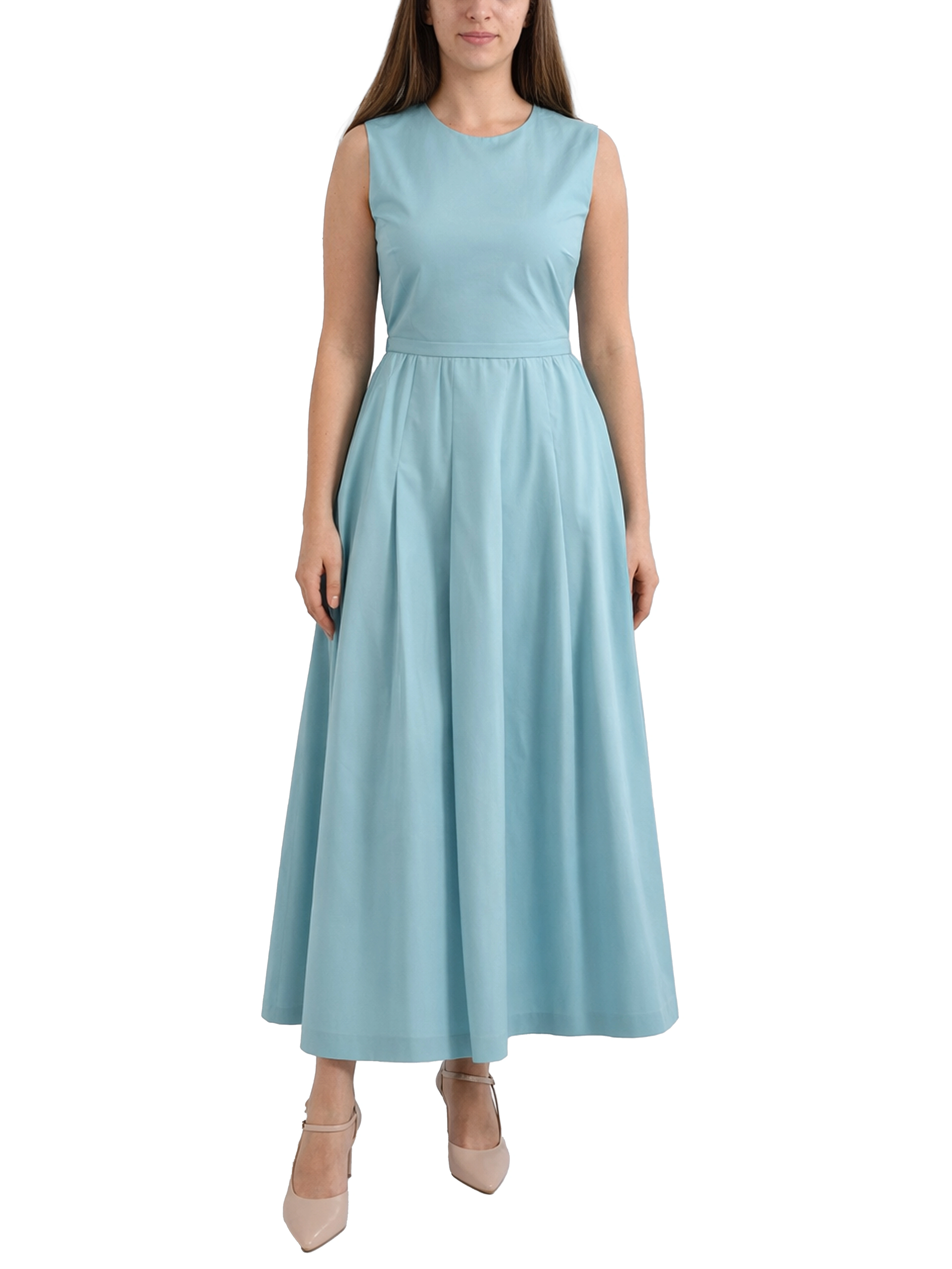 VESTITO LUNGO IN POPELINE DI COTONE CON TASCHE ED ELASTICO IN VITA DONNA AZZURRO