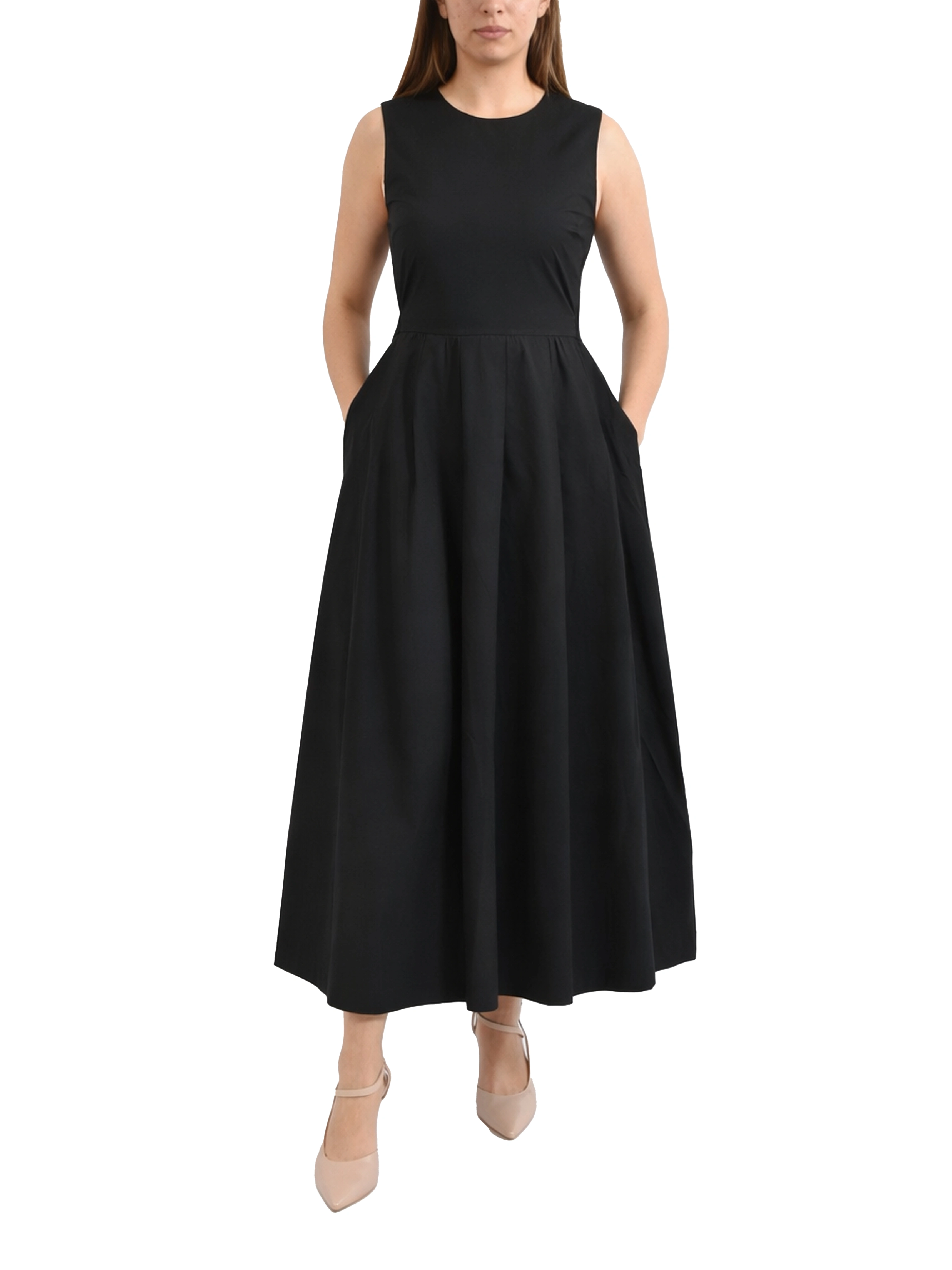 VESTITO LUNGO IN POPELINE DI COTONE CON TASCHE ED ELASTICO IN VITA DONNA NERO