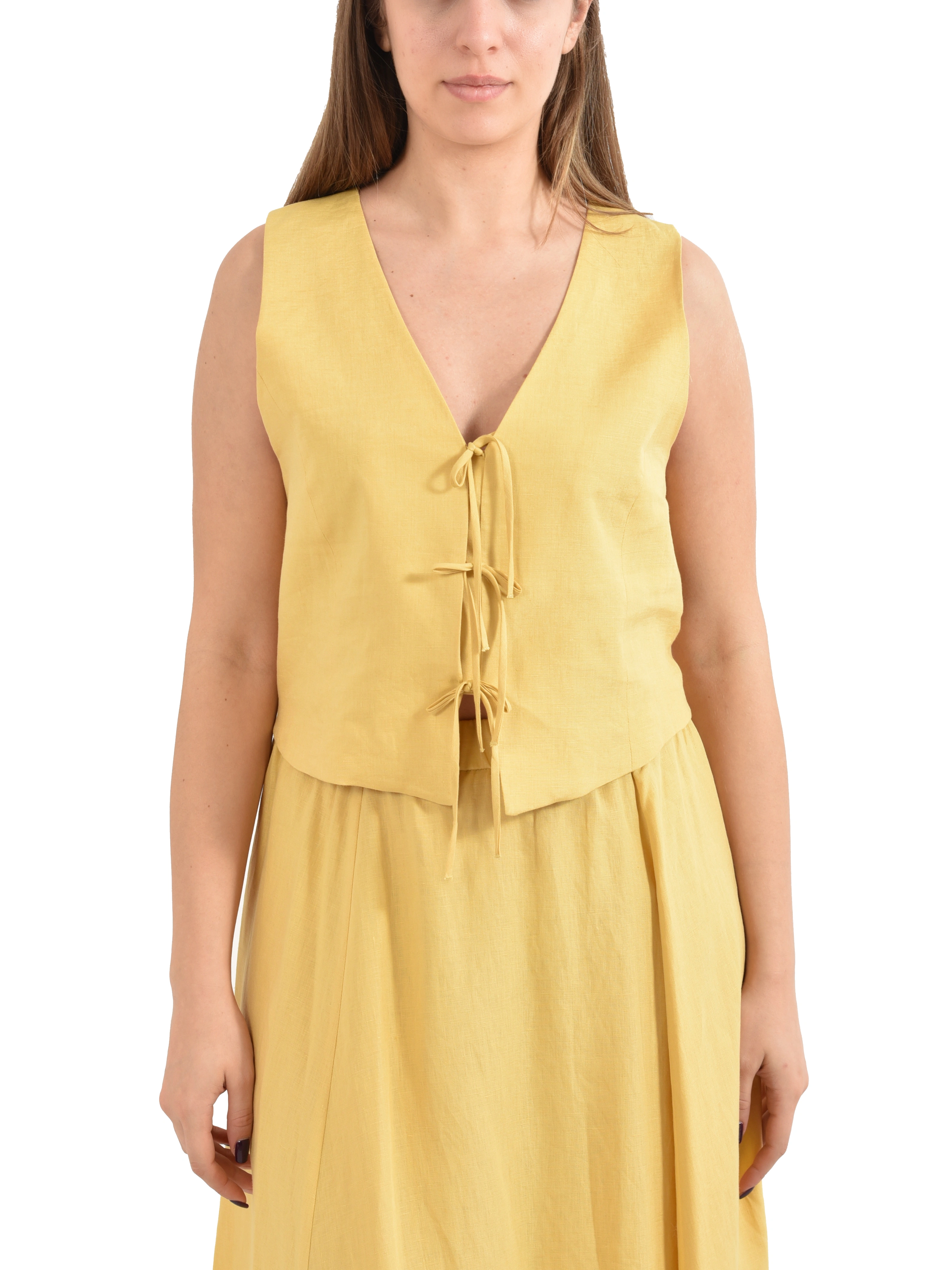 GILETI IN LINO CON SCOLLO A V E CHIUSURA CON LACCI DONNA GIALLO