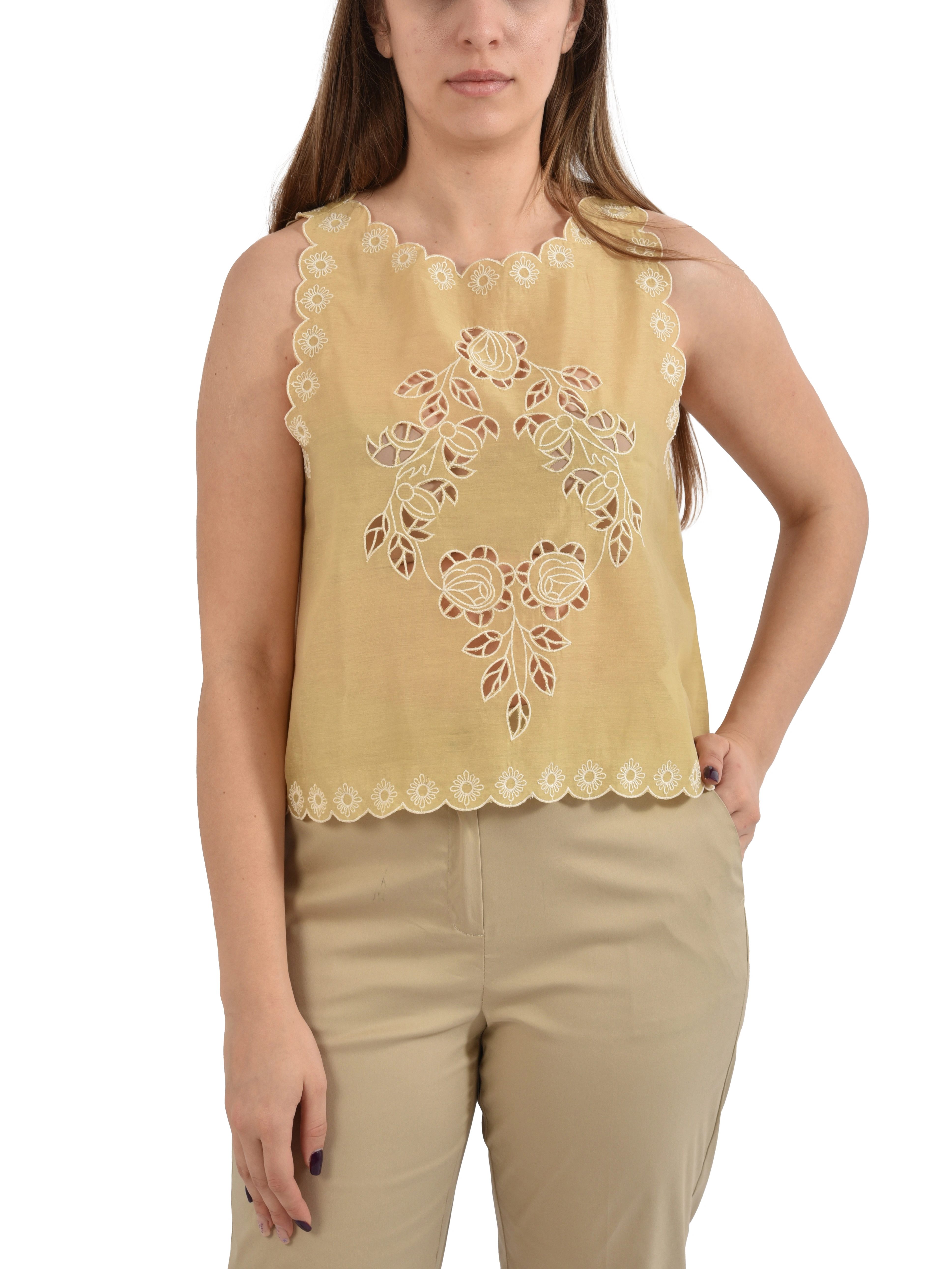 TOP TRAFORATO CON SCOLLO TONDO  E BOTTONE SUL RETRO DONNA GIALLO