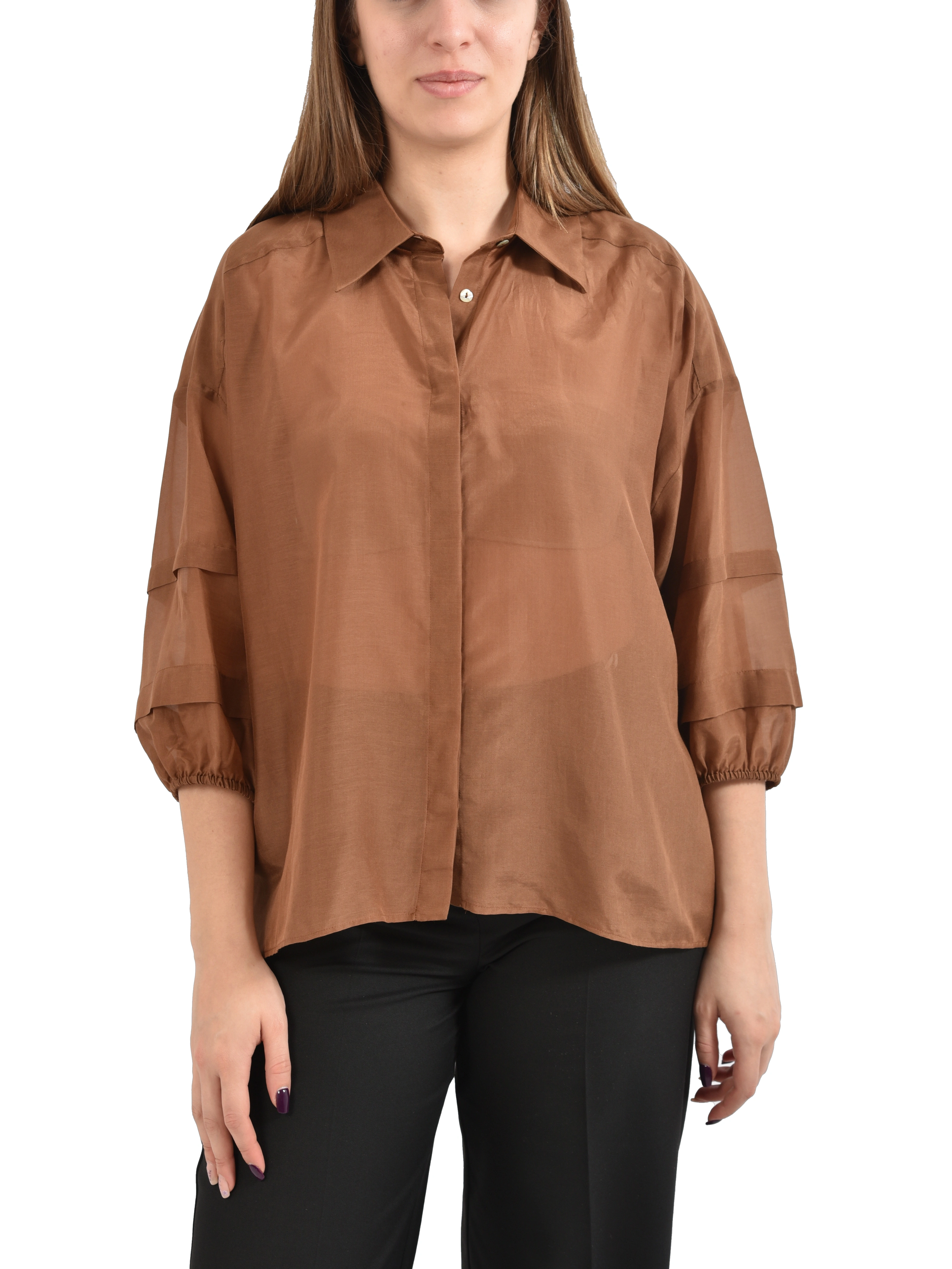 CAMICIA IN MUSSOLA MISTO SETA E COTONE CON POLSI ARRICCIATI DONNA MARRONE