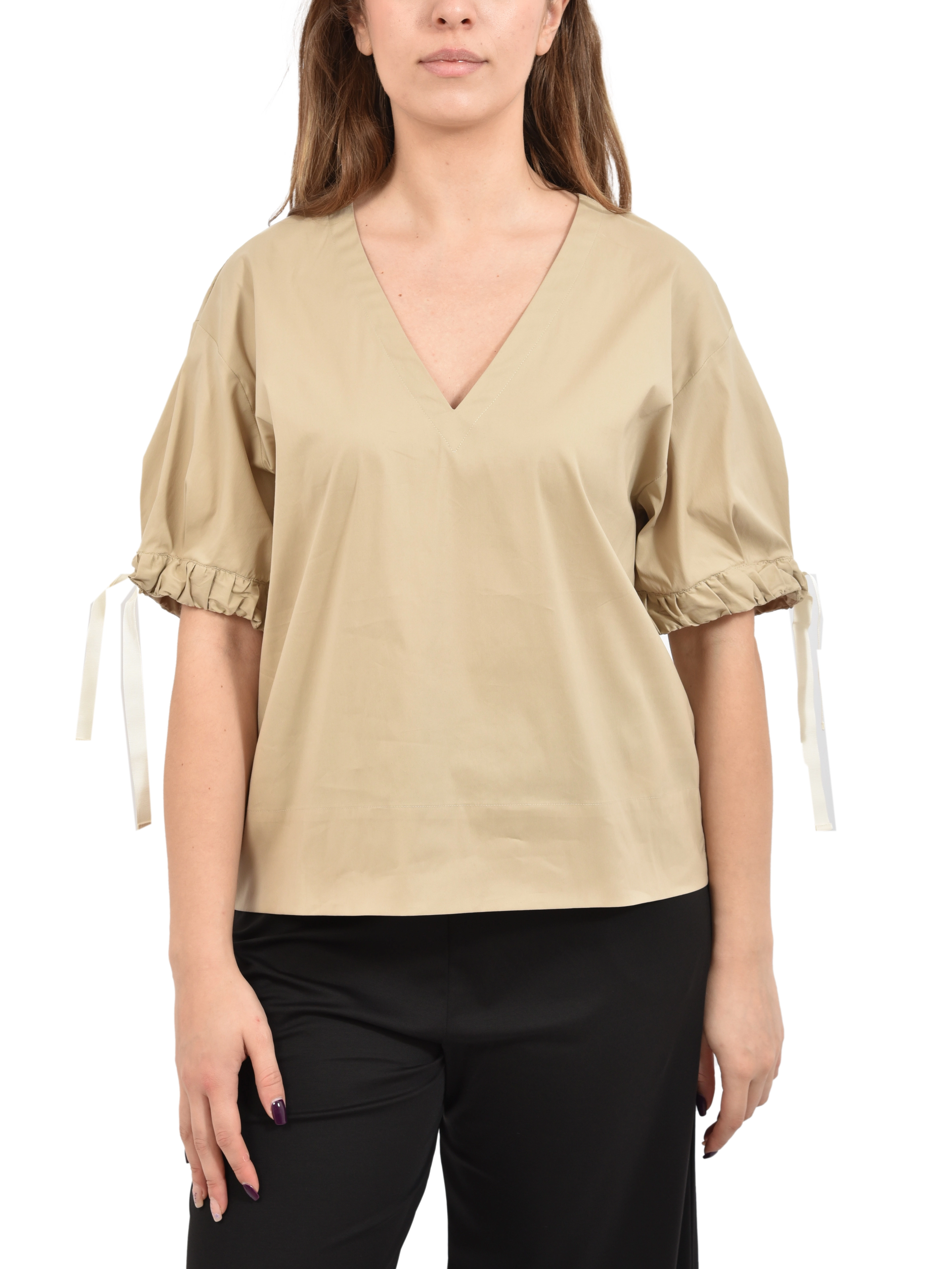BLUSA CON SCOLLO A V E LACCETTI REGOLABILI SULLE MANICHE DONNA BEIGE