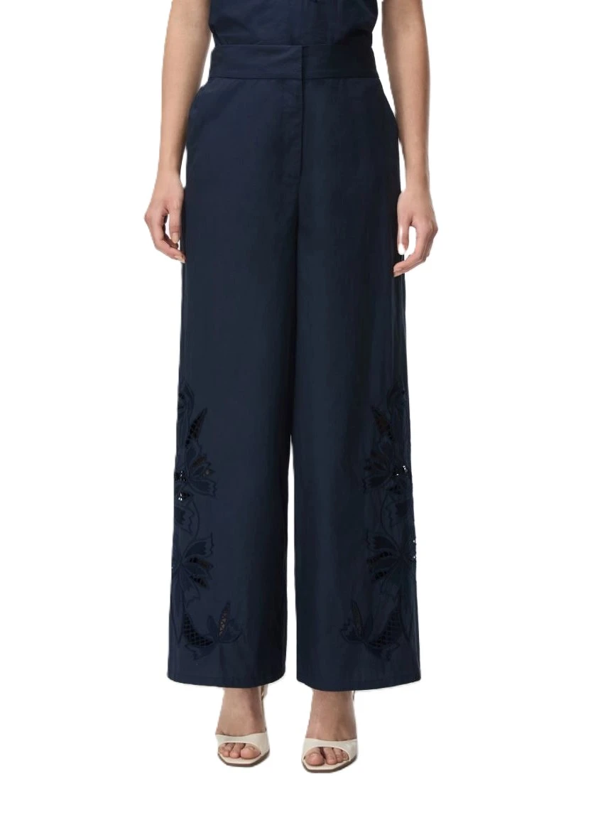 PANTALONE IN COTONE CON DETTAGLI RICAMATI ED ELASTICO IN VITA DONNA BLU