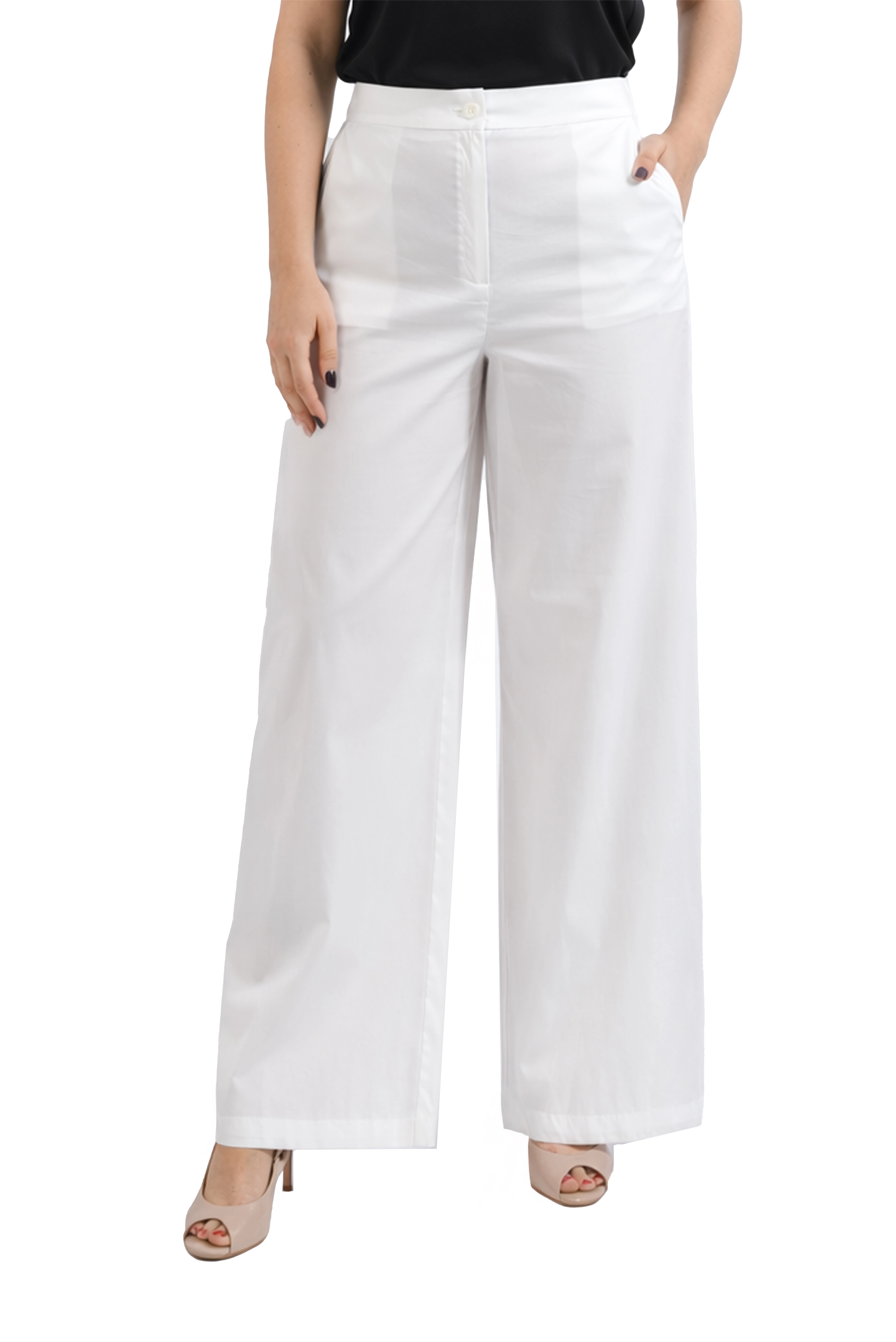 PANTALONI PALAZZO IN POPELINE MISTO COTONE CON ELASTICO SUL RETRO DONNA BIANCO