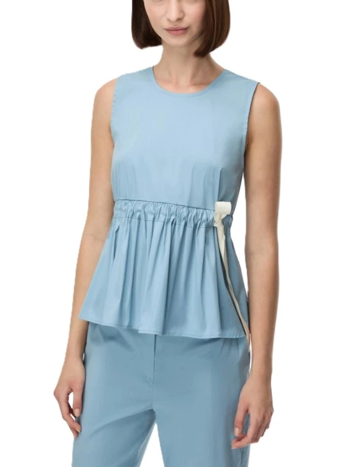 TOP IN MISTO COTONE STRECTH CON COULISSE E  BALZA ARRICCIATA DONNA AZZURRO