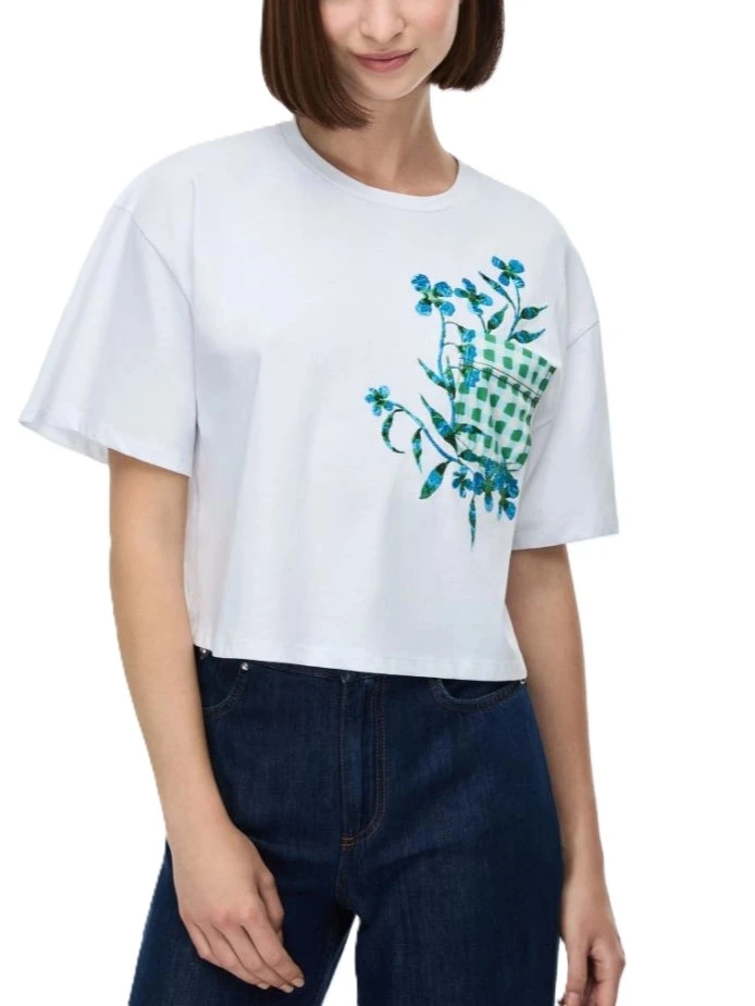 T-SHIRT MANICA CORTA IN COTONE CON TASCHINO APPLICATO DONNA BIANCO